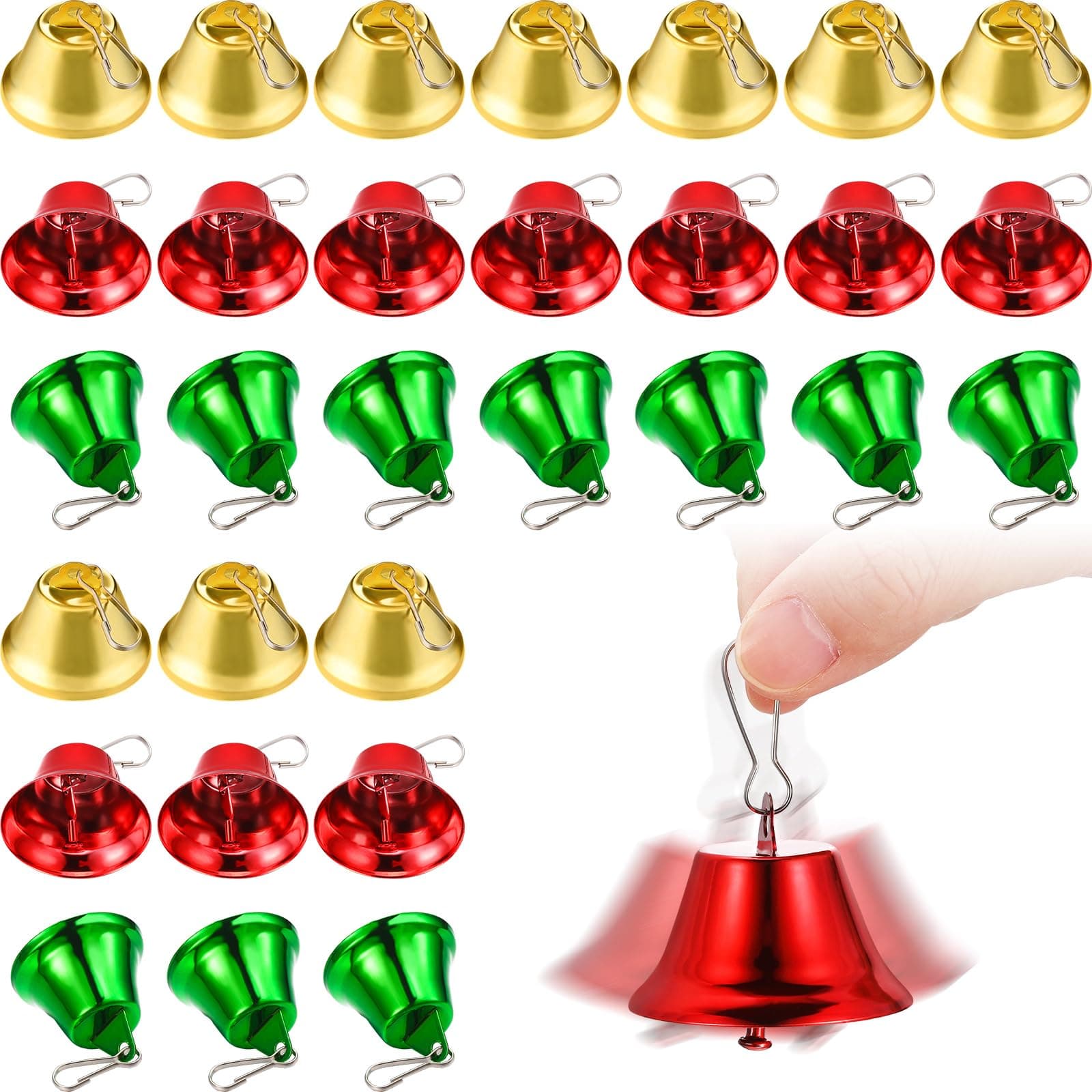 30 Pieces Craft Bells Small Brass Bells for Crafts Mini Vintage Bells with Spring Hooks Tiny for Hanging Wind Chimes Making Dog Training Doorbell Wedding Decor, 1.65 x 1.5 Inch(Red, Green, Gold)