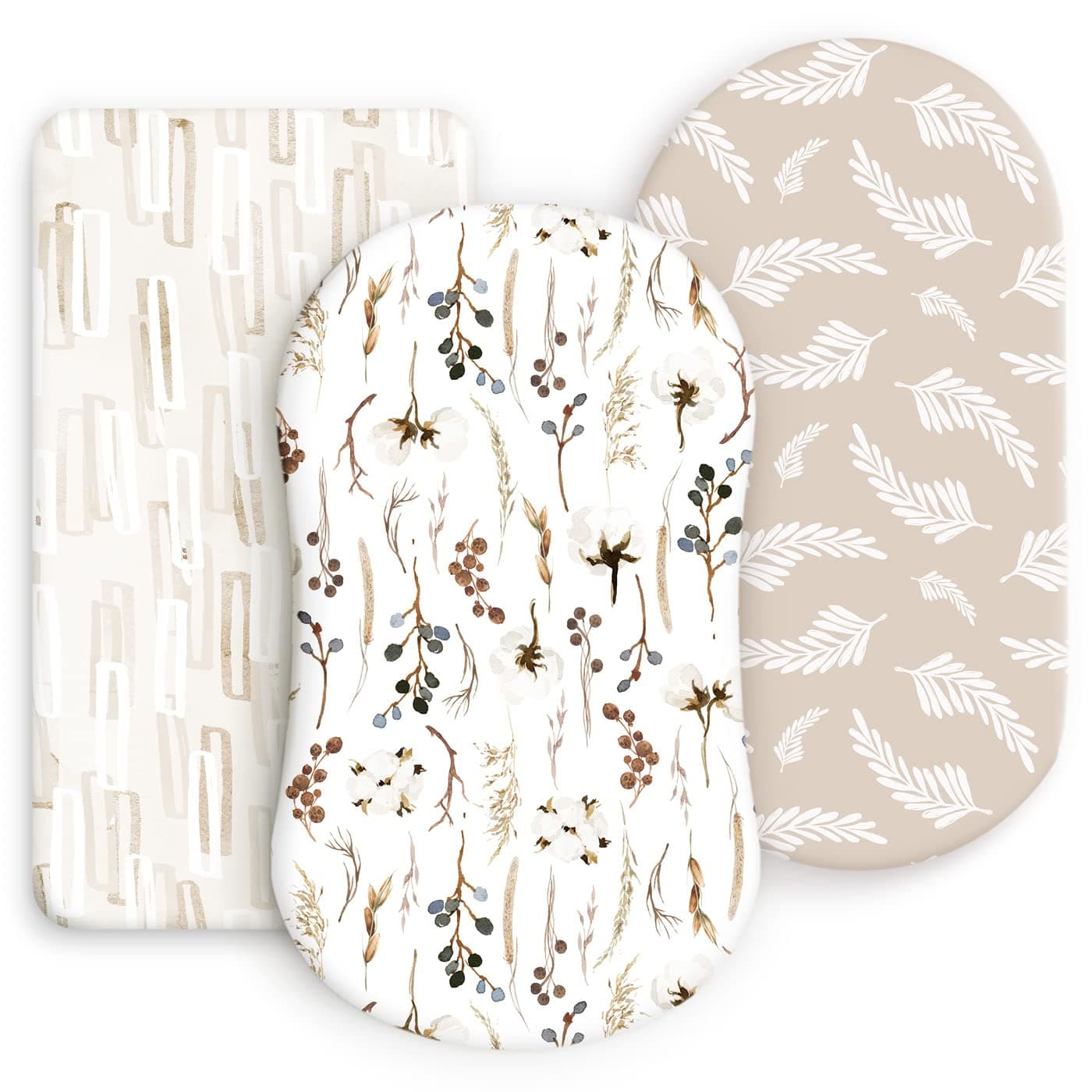 GRSSDERStretchy Ultra Soft Fitted Bassinet Sheet Set 3 Pack, Universal Fit for Bassinets Baby Cradle Moses Basket Oval Rectangle Mattress Safe and Snug, Stylish Pretty Flora for Baby, Beige