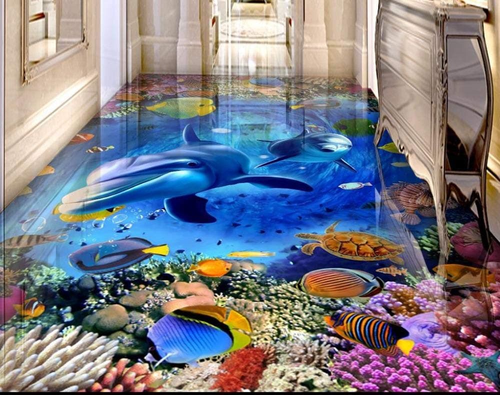Custom 3D Flooring murals Underwater World Dolphin 3D Floor Tiles Waterproof self-Adhesive murals floor-300 * 210cm