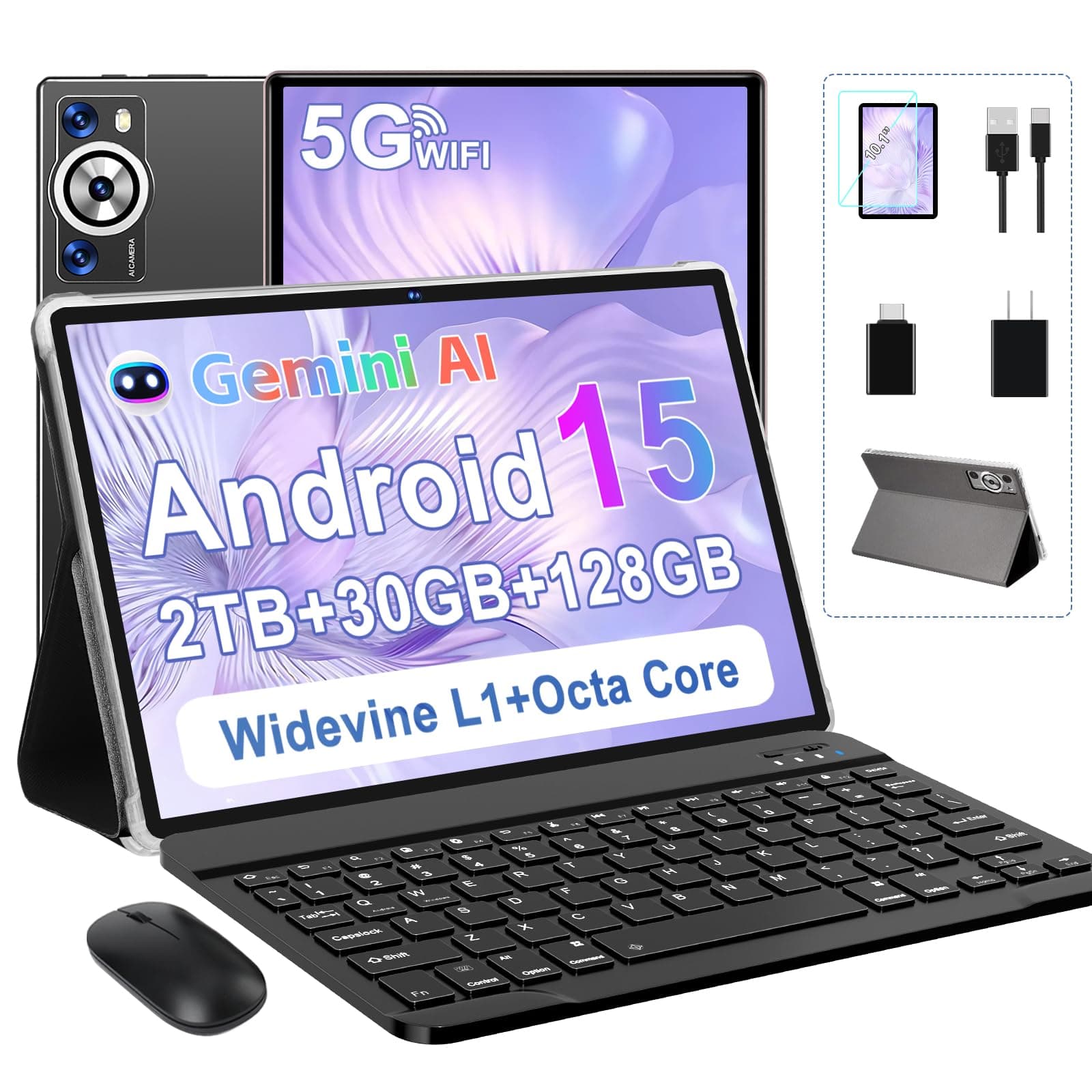 Android 15 Tablet 30GB RAM 128GB ROM 2TB TF, 2025 Electronics Tablets 10.1 Inch 8000mAh with Keyboard Mouse, 2.0GHz, 5G WiFi, BT 5.0, GMS Certified, Incell Display, Gemini AI - Metal Black