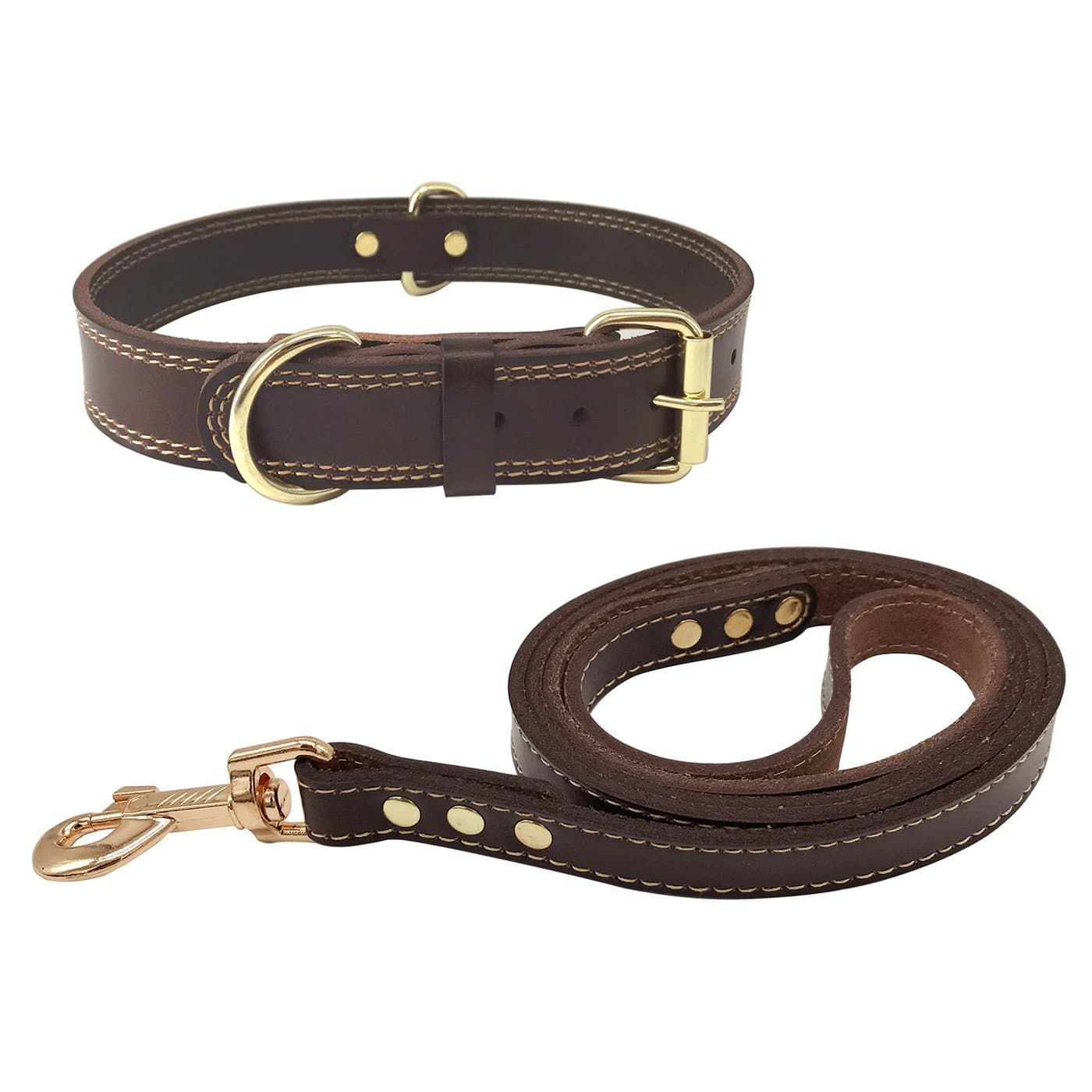 Shorven Soft Genuine Leather Dog Collar and Leash Set with Double D Rings Brown M