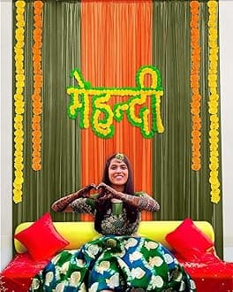 SpecialYou.in Special You Mehendi decoration items for home, Green & Orange background cloth for decoration, Haldi Mehndi decoration items for marriage, Wedding decoration items - 11 Pcs