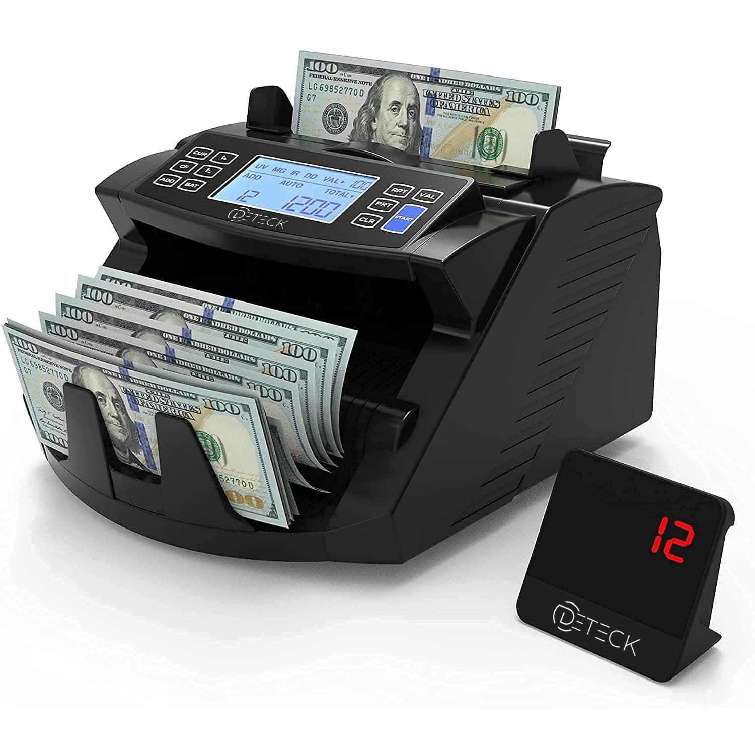 DETECK DT200 Money Counter Machine with Value Count - Large 4” LCD Display Cash Counter Machine, Add and Batch Modes, UV/MG/IR Counterfeit Detection Bill Counter, 1300 Bills/Min - Print Option