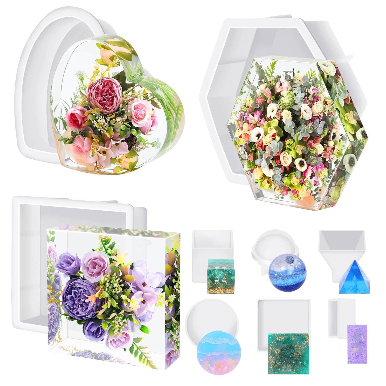 KISREL Large Resin Molds, 3 PCS Silicone Molds Kit, Including Large Hexagonal & Square Heart Shapes, Epoxy Resin Molds for Flower Preservation