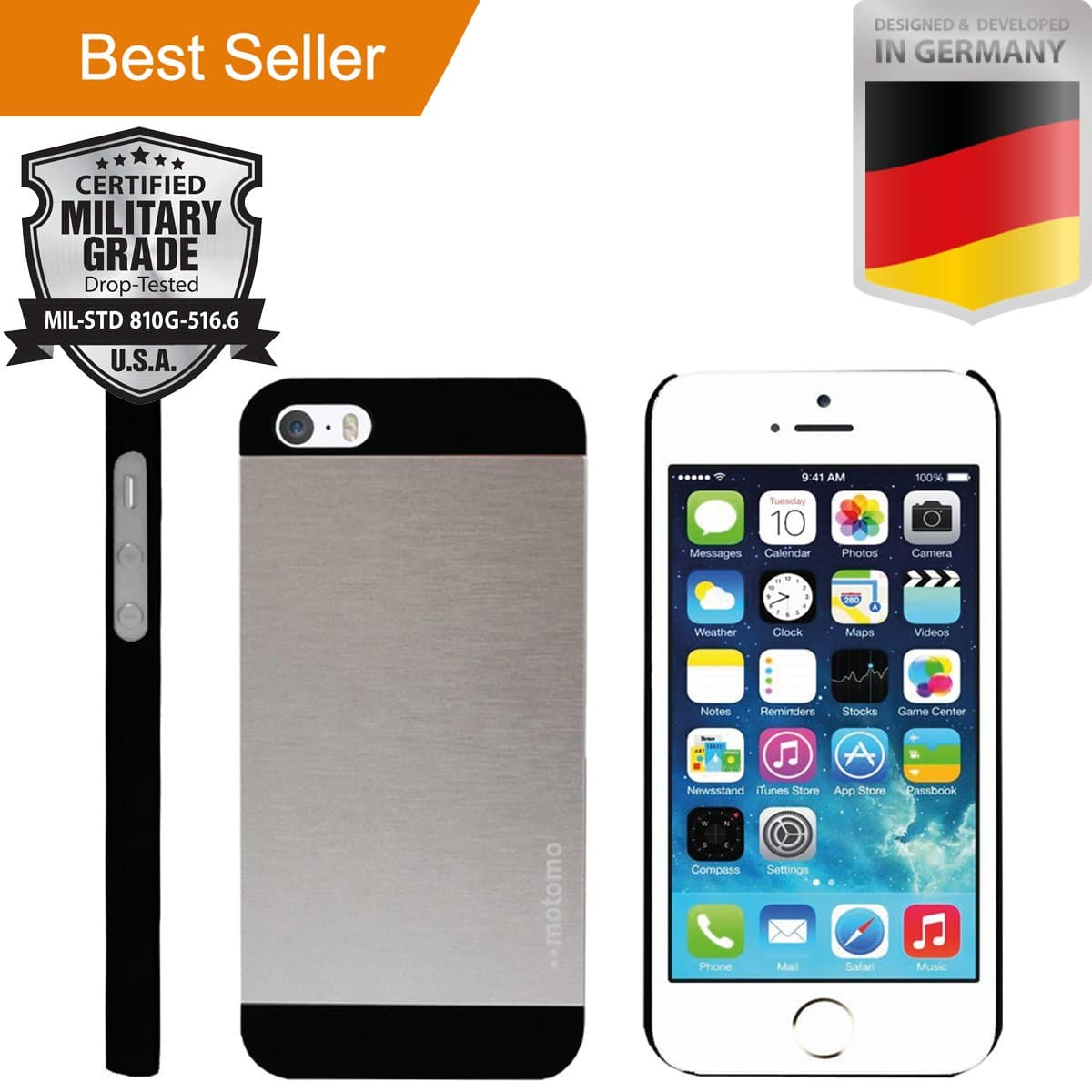 iPhone 5 & 5S [4.0] [Slim Aluminum] Case [Anti Shock] Hybrid [Dual Layer] Brushed Alloy [Absorbent Bumper] Drop Impact Resistant PVC [INO Metal] Skin Armor Cover [Motomo] Silver