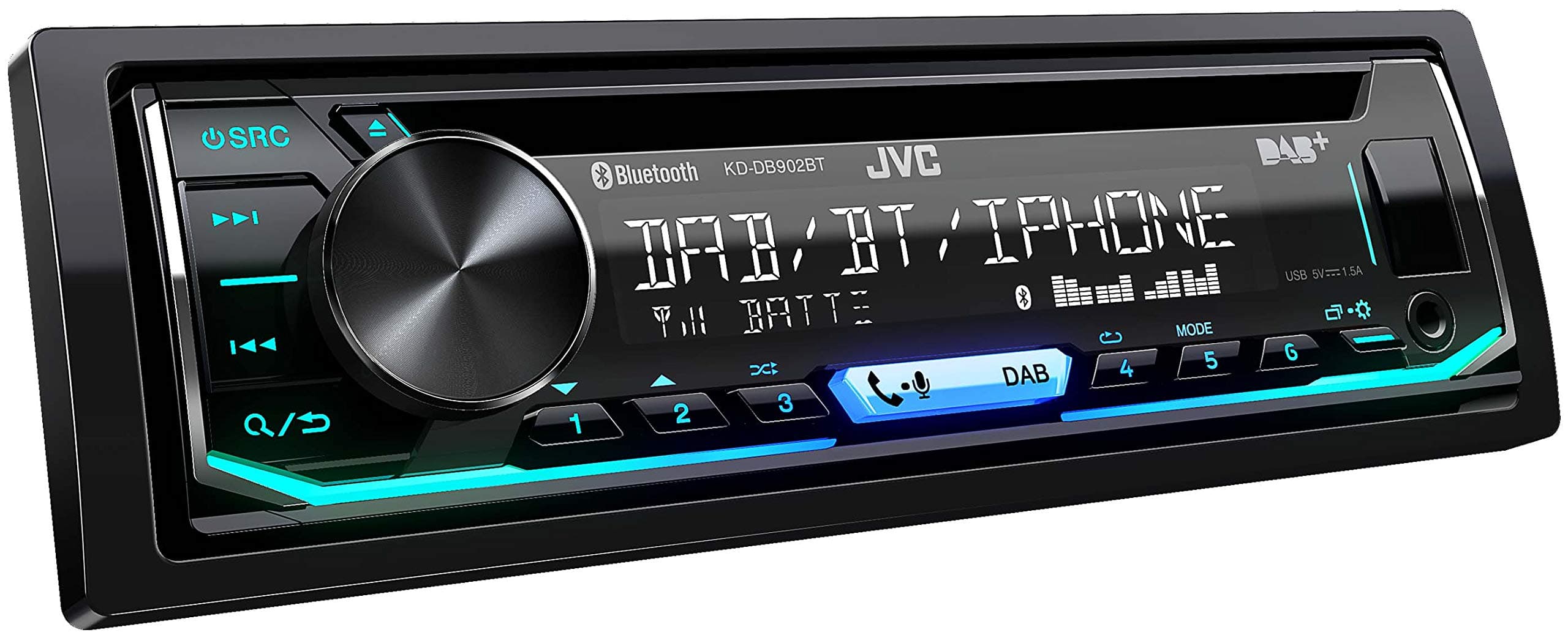 JVC KD-DB902BT DAB+ Car Radio with CD, Bluetooth Hands-Free System (Sound Processor, USB, Android/Apple, Spotify Control, 4 x 50 Watt, Adjustable Colours) Black