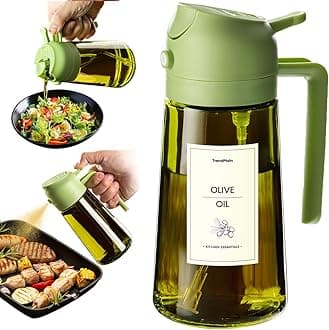 TrendPlain 470ml Olive Oil Spray Bottle - 2 in 1 Olive Oil Dispenser Bottle for Kitchen Accessories - Kitchen Gadgets, For Air Fryer - with Stickers, Light Blocking - Green
