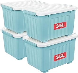 35L*4 Storage Boxes with Wheels, Plastic Storage Bin with Lid, Latching Buckles, Click Closure, Stackable, Nesting, Durable Organizer for Home Office Clothes, Blue, 35L-4 Pack