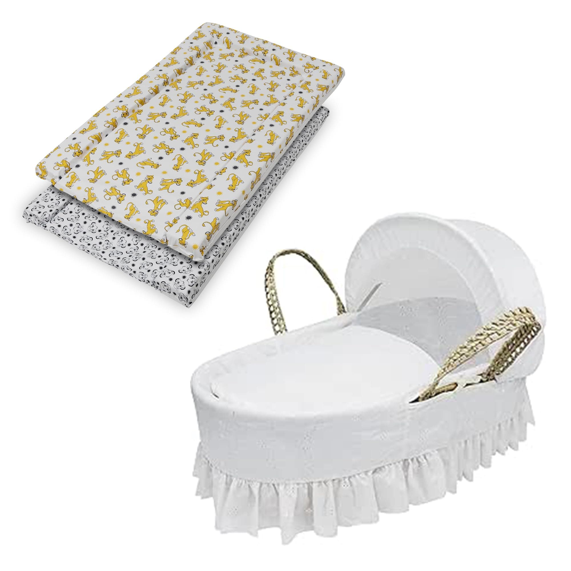 Kinder ValleyMoses Basket with Changing Mat(Lion King Theme) also Includes Adjustable Hood, Fibre Mattress & Padded Liner | (White Broderie Anglaise)