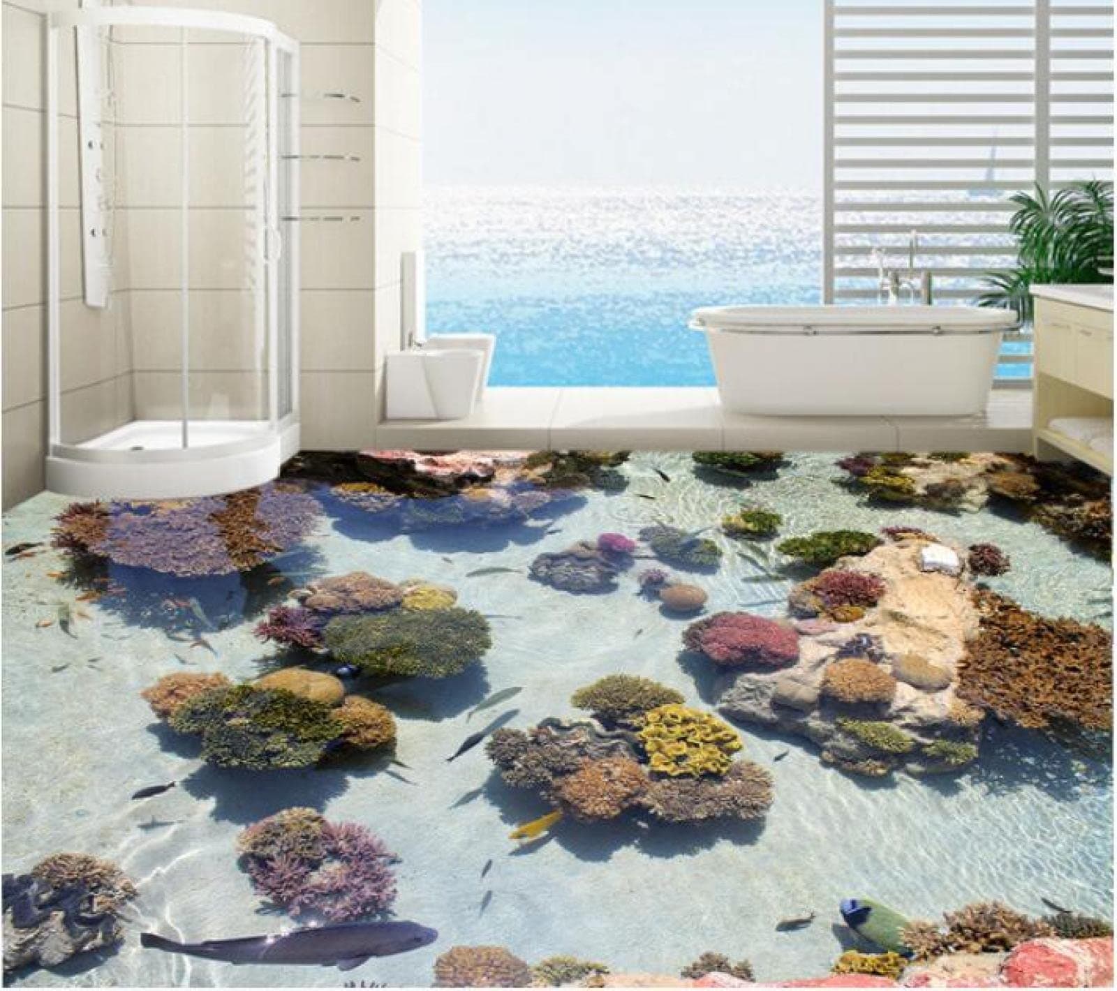Wall Mural Wallpaper 116 x 83 inch (Width x Height) 3D PVC Flooring Custom of 3D Bathroom Flooring Wall Paper Coral sea Tropical Fish 3D Flooring 3D Wall murals Wallpaper