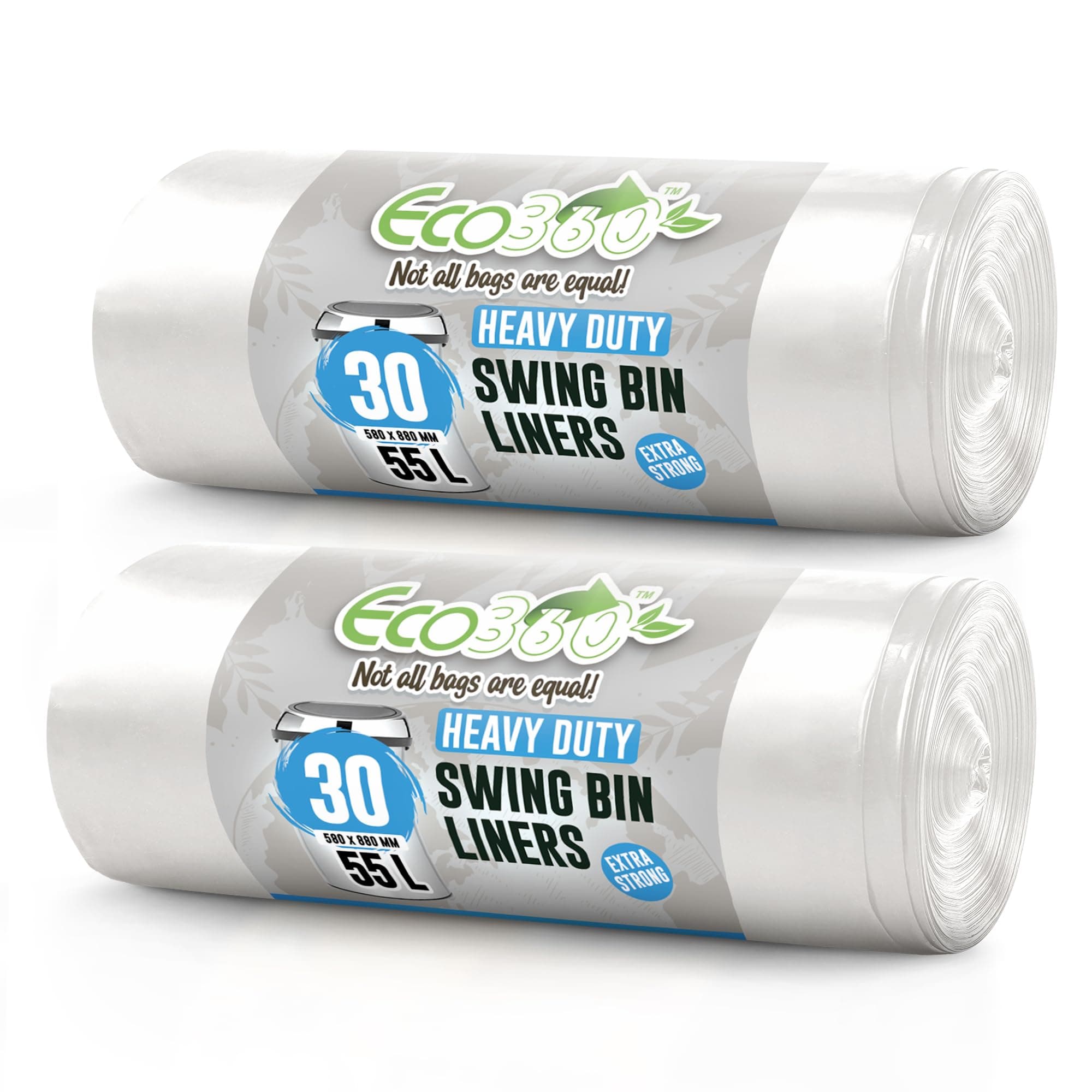 EcoBag - 60 Pack Heavy Duty White Bin Liners - 55L - 15 Microns - Extra Strong, Leak-Proof, Tear-Resistant Bags for Swing Bins, Kitchen, Home & Office (580x880mm)