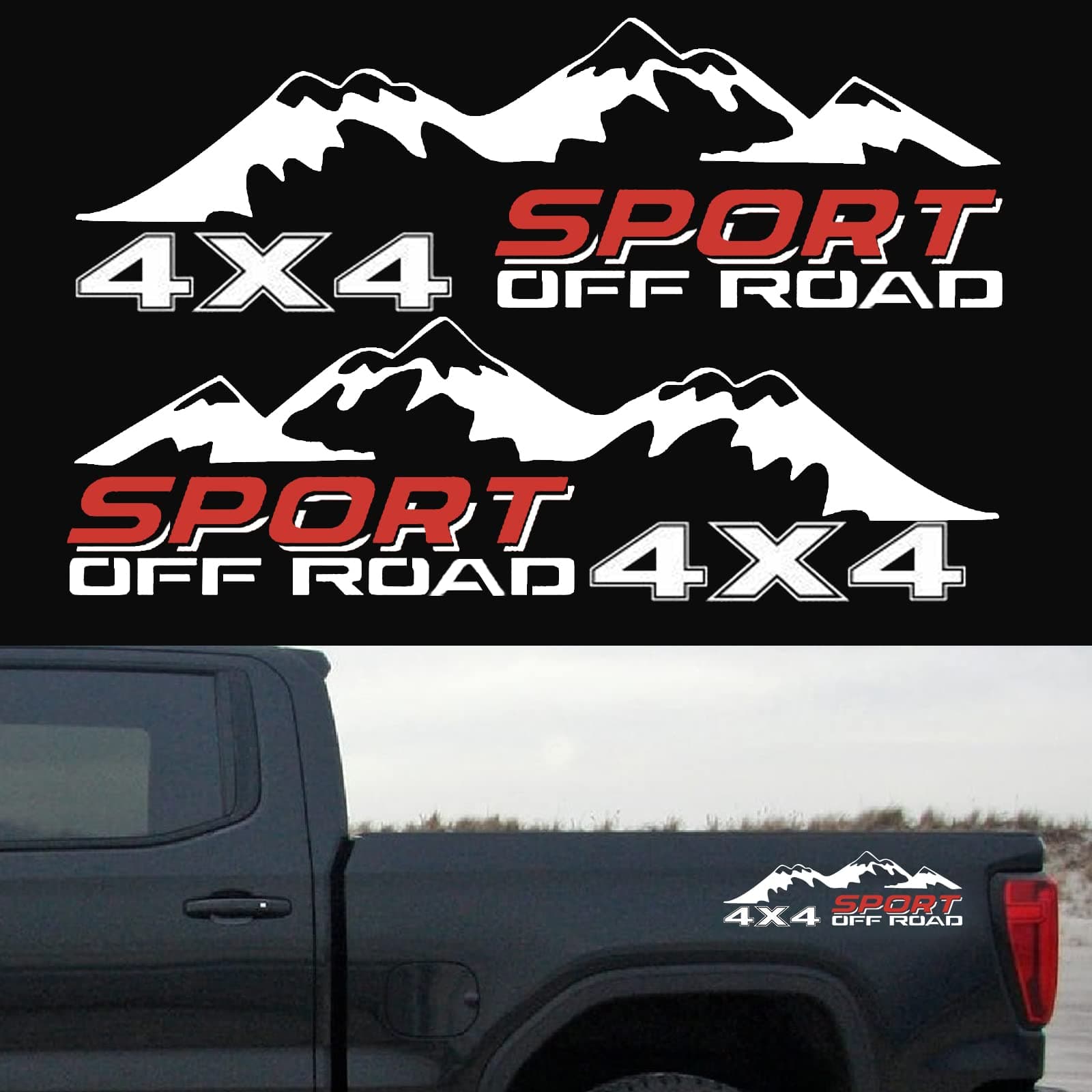 4X4 Off Road Sport with Mountain Pattern Decal Stickers 2Pcs, Fit for All Kinds of Truck Pickup SUV Sedan, with Squeegee 1Pcs, White and Red