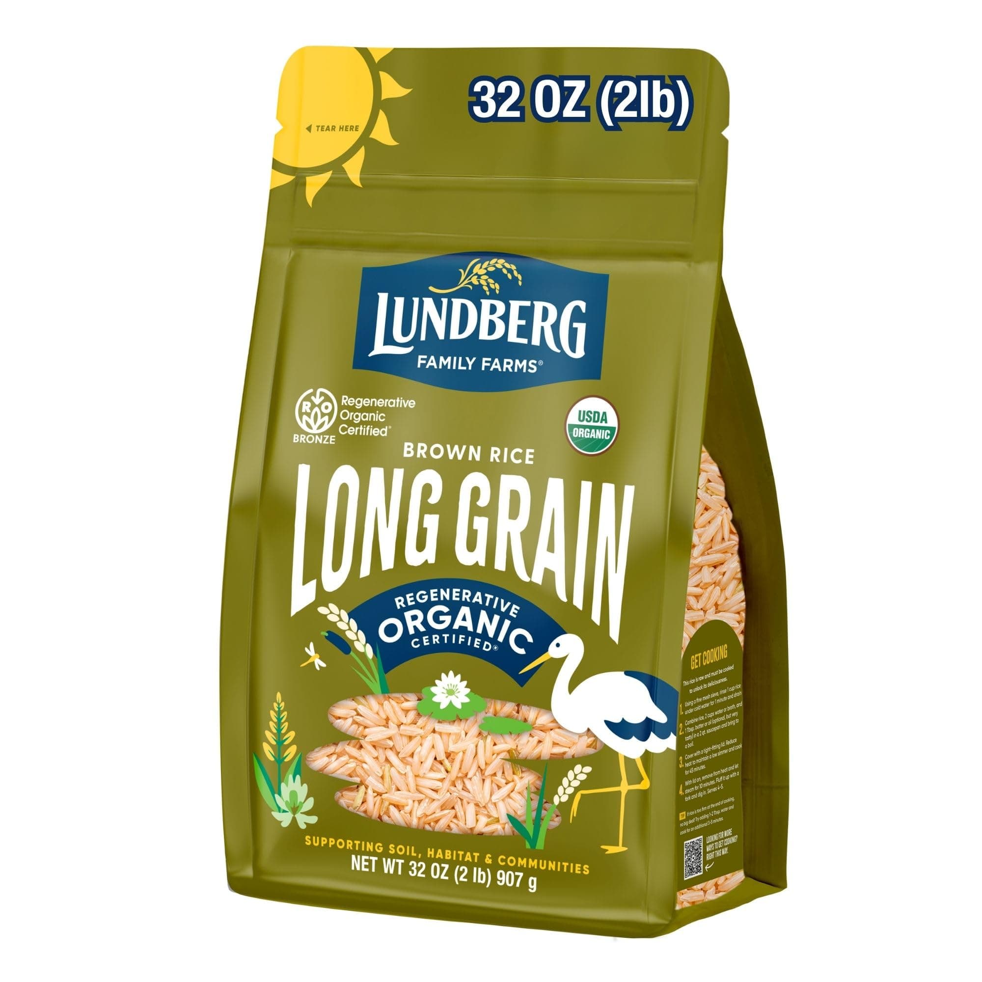 Lundberg Regenerative Organic Brown Rice Long Grain, Kosher, USDA Certified Organic, Gluten Free & Non-GMO, 32 Ounce (Pack of 1)