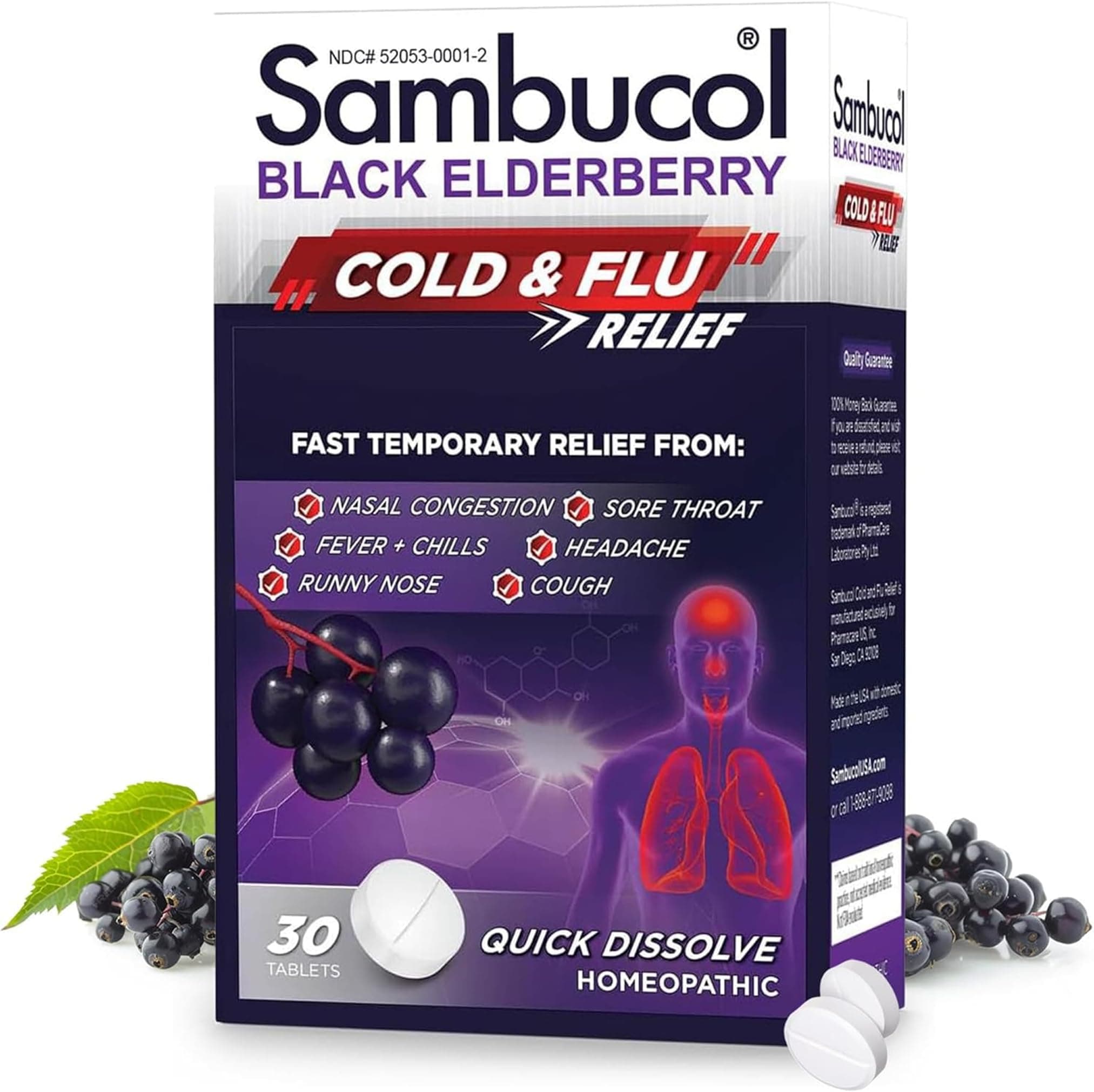 Sambucol Cold and Flu Relief Tablets - Homeopathic Black Elderberry Cold Medicine, Drowsy Free Remedy for Adults with Zinc, Quick-Dissolving Tablets for Men and Women - 30 Count