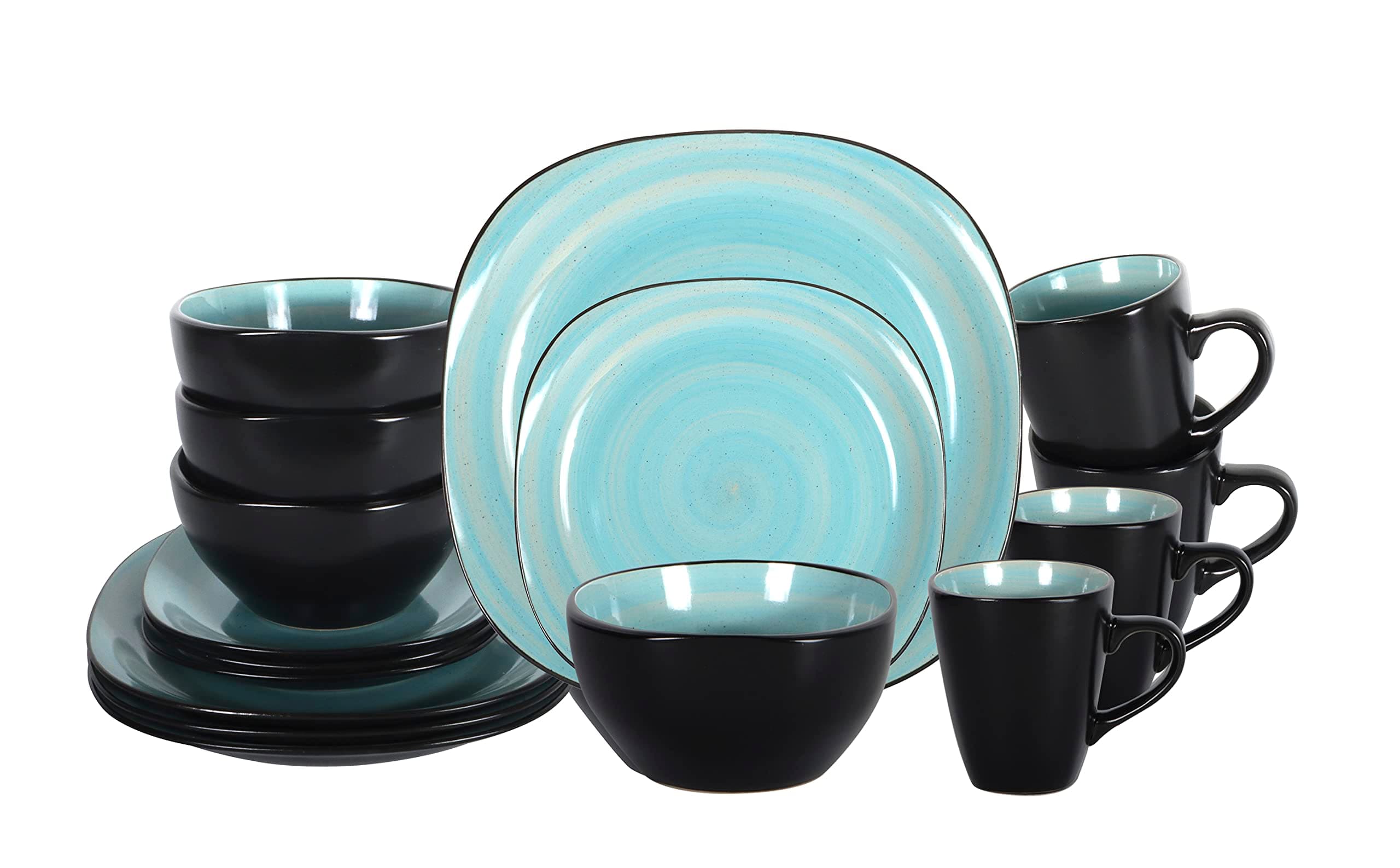 Stoneware Square 16pc Dinnerware Set, Inside Spinwaseh Swirl Turquoise + Outside Black