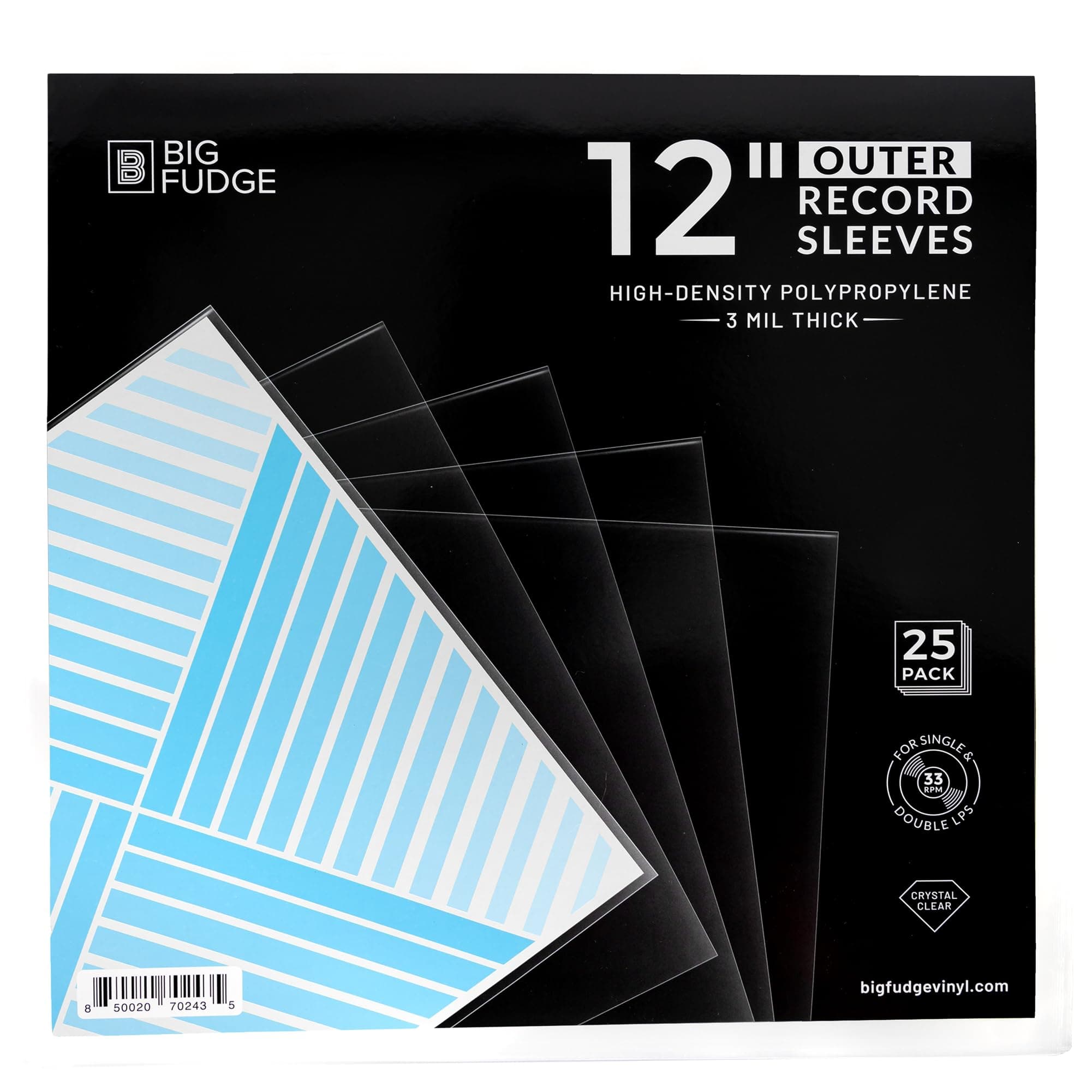 Big Fudge 12" Vinyl Record Sleeves - Outer Sleeves 25 Pack - Crystal Clear High-Density Polypropylene Vinyl Covers - Accessories Protect LP Albums from Dust, Dirt & Scratches