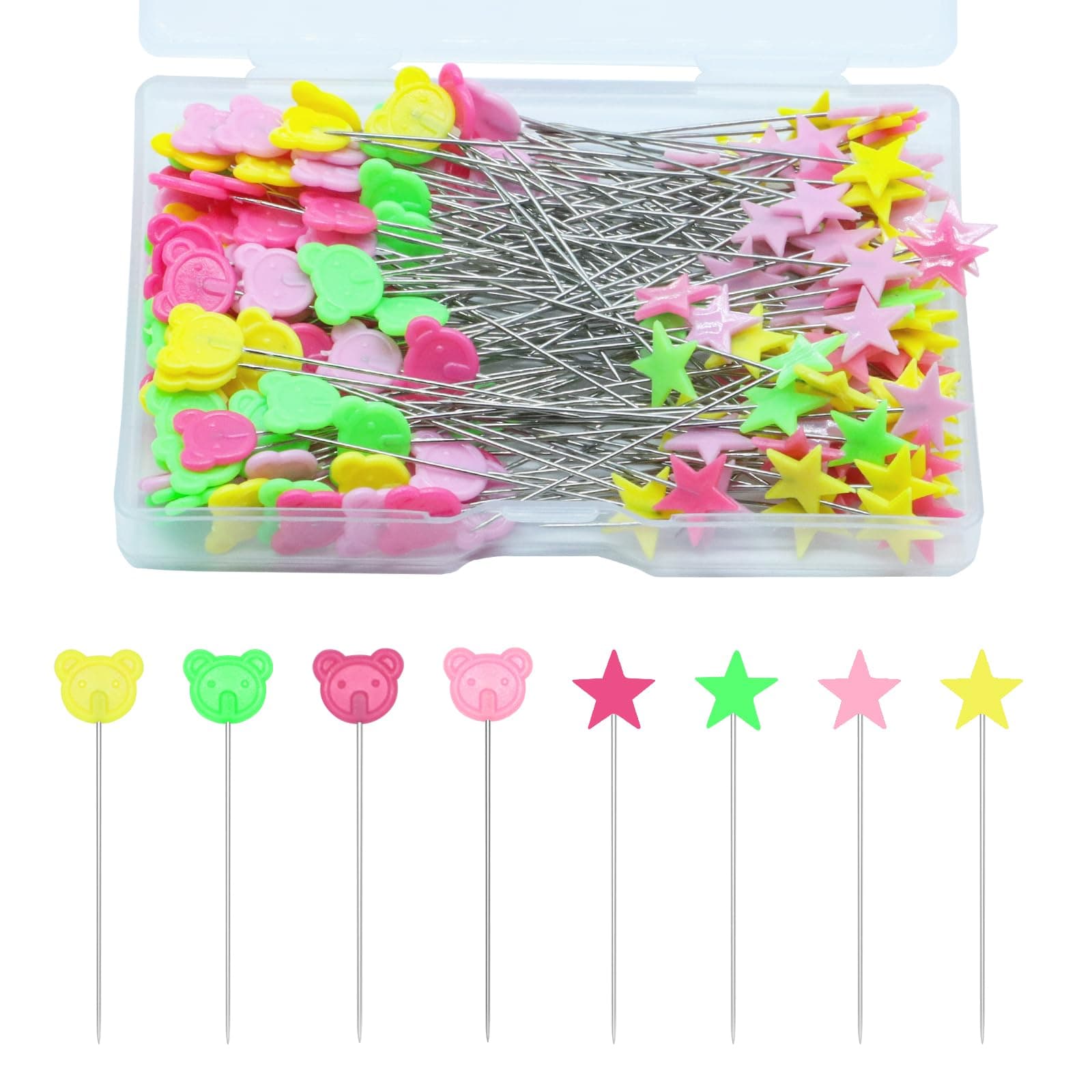 200 Pcs Flat Head Straight Pins,Pentagram and Little Bear Head Sewing Pins Colored Head Straight Pins Positioning Quilting Pins for Fabric Crafting Dressmaker Jewelry Decoration