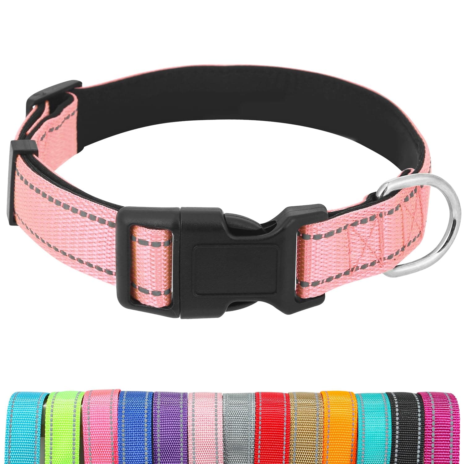 Dog Collars Adjustable for Medium Dogs,Heavy Duty Waterproof Dog Collar with Quick Release Buckle,Girl Boy Female Male Reflective Nylon Dog Collar with Soft Neoprene Padded,M,Pink