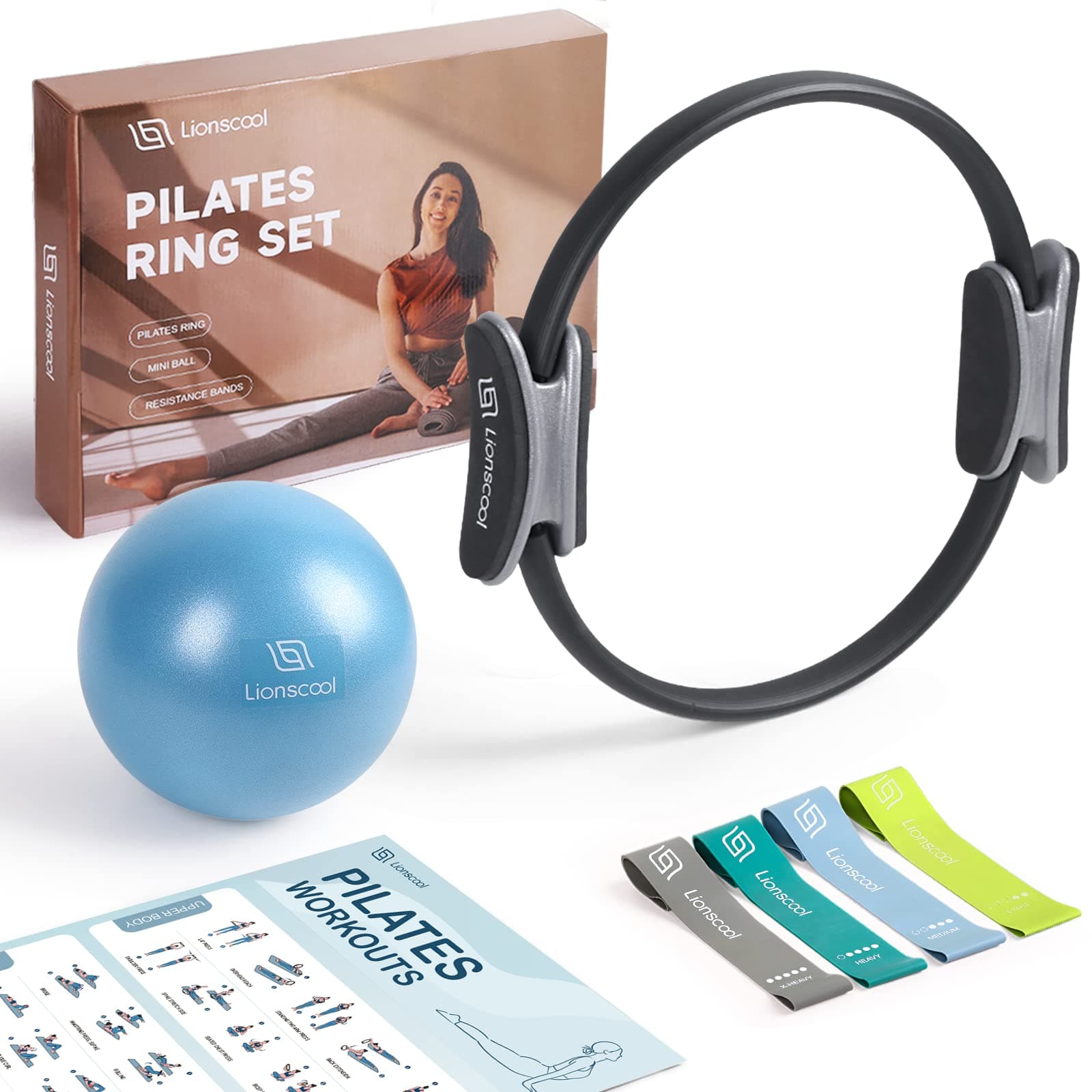 Pilates Ring Set – 14" Anti-Deformation Magic Circle with Padded Handles, Mini Ball, Resistance Bands, Guide & Bag