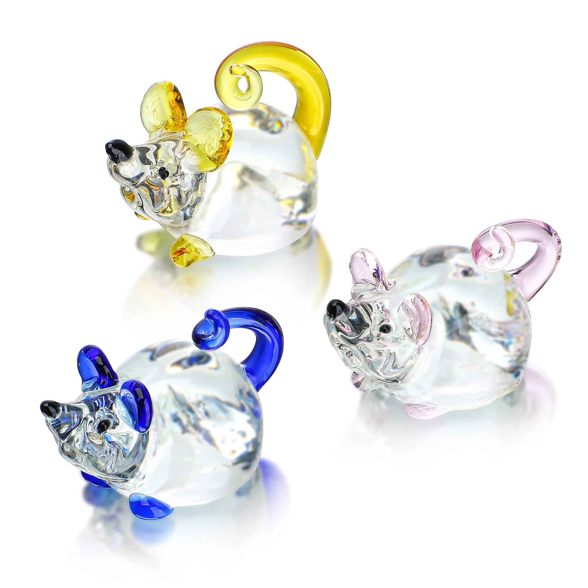 3 Pack Glass Crystal Mouse Figurines Collectibles,Hand Blown Art Glass Animals Miniature Garden Decor Statue