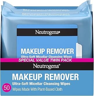 Neutrogena Makeup Remover Wipes Micellar Alcohol-Free Face Towelettes Remove Waterproof Mascara & Oil, Compostable 100% Plant-Based Cloth, Dermatologist & Ophthalmologist Tested, Twin Pack 2 x 25 ct
