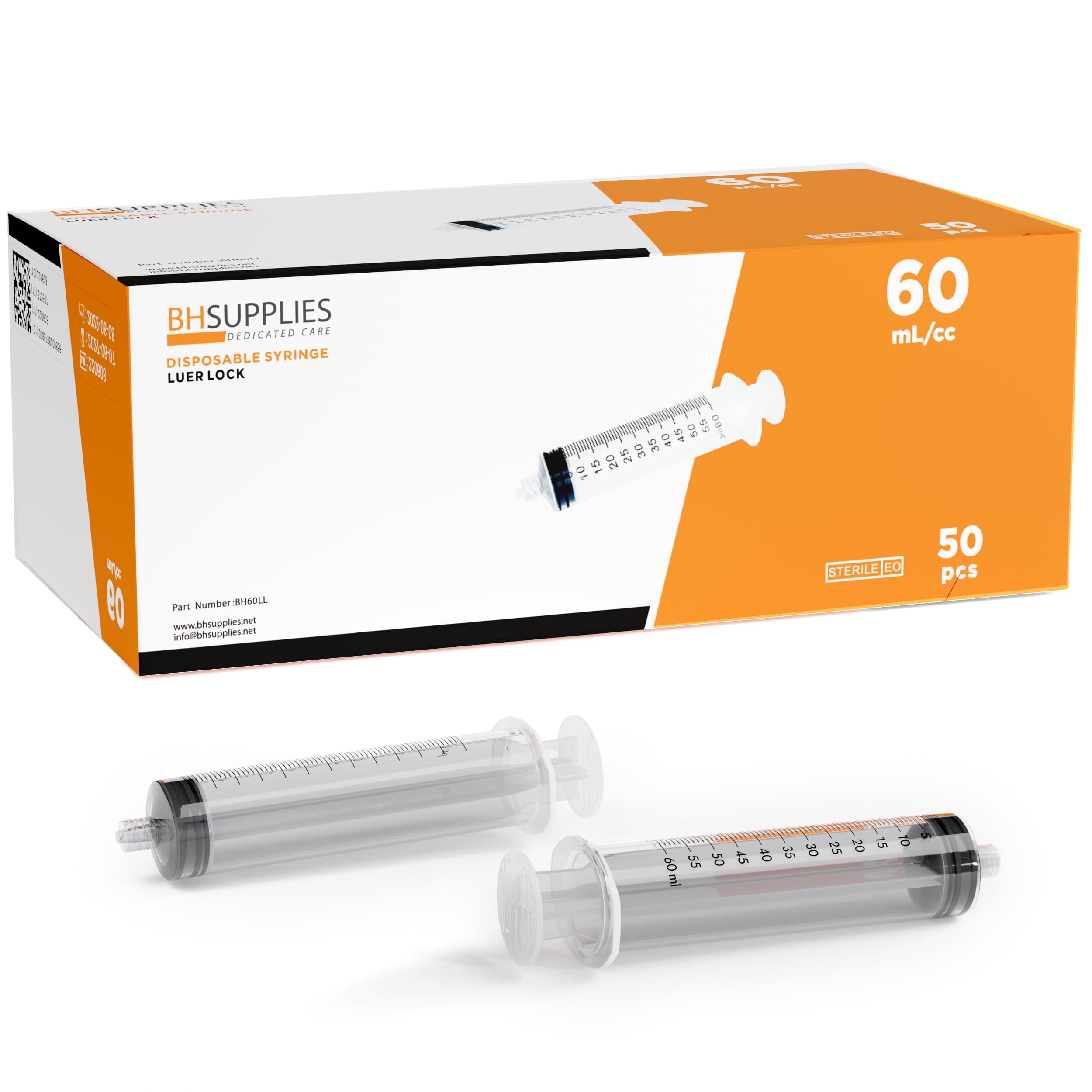 BH Supplies 60ml Luer Lock Tip Syringes (No Needle) - Sterile, Individually Wrapped - 50 Syringes