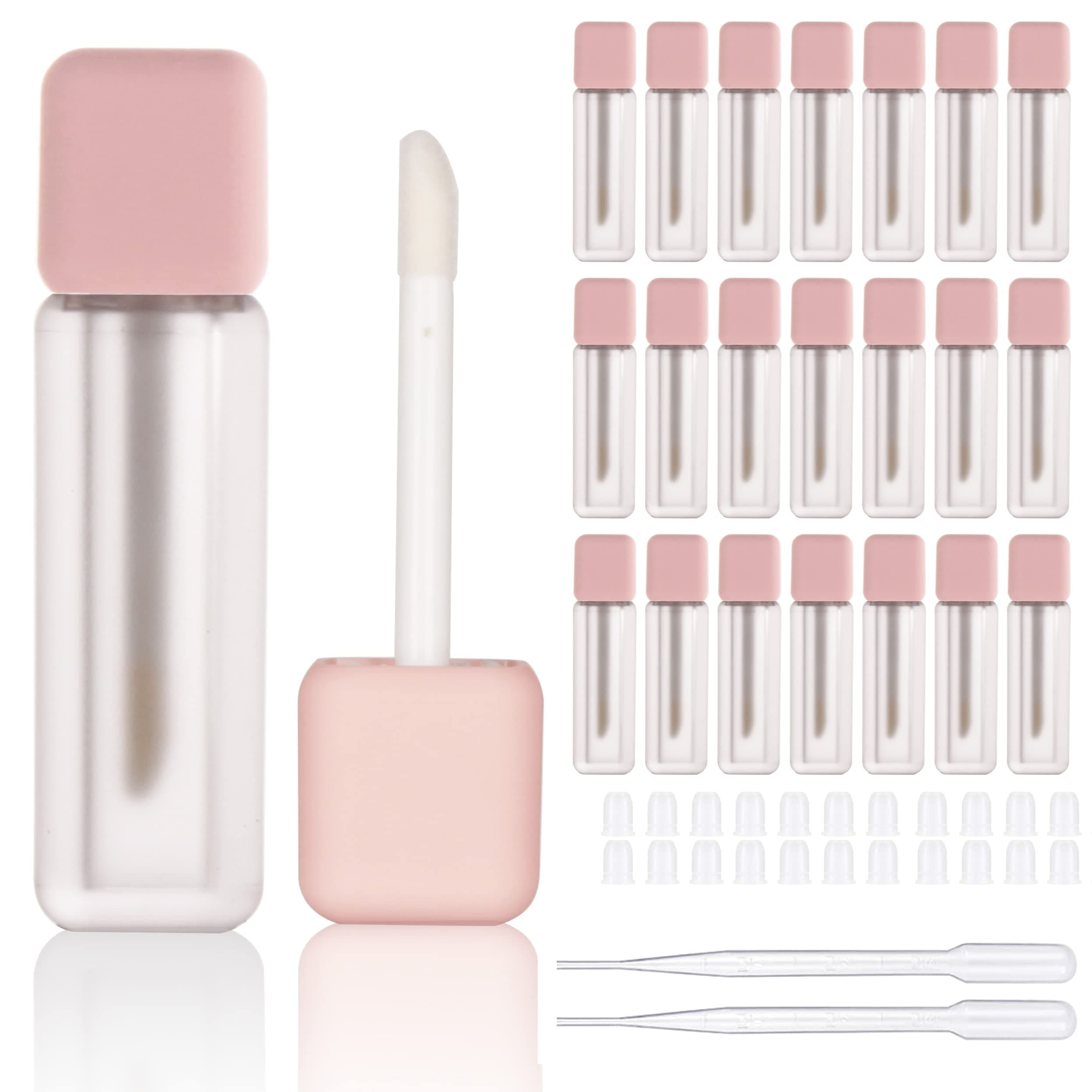 COSIDEA 22pcs empty 6ml square lip gloss tubes, Pink frosted lipgloss tube container with wand and stopper