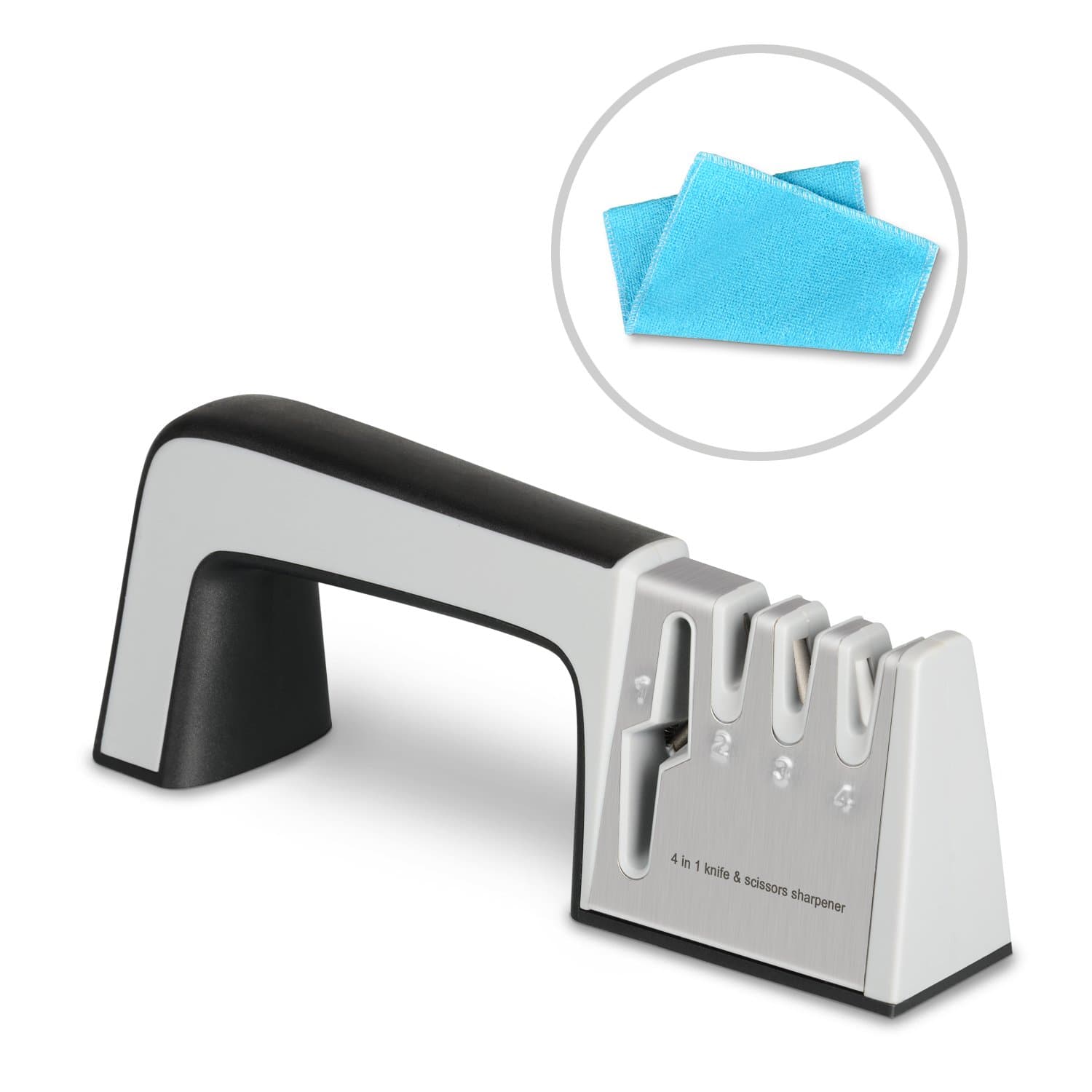 Knife Sharpener, KidsHobby Professional 4 in 1 Knife and Scissors Sharpener with Cleaner Rag, 4 Stage Sharpening System Device Ergonomic Designed for All Sized Household Knives