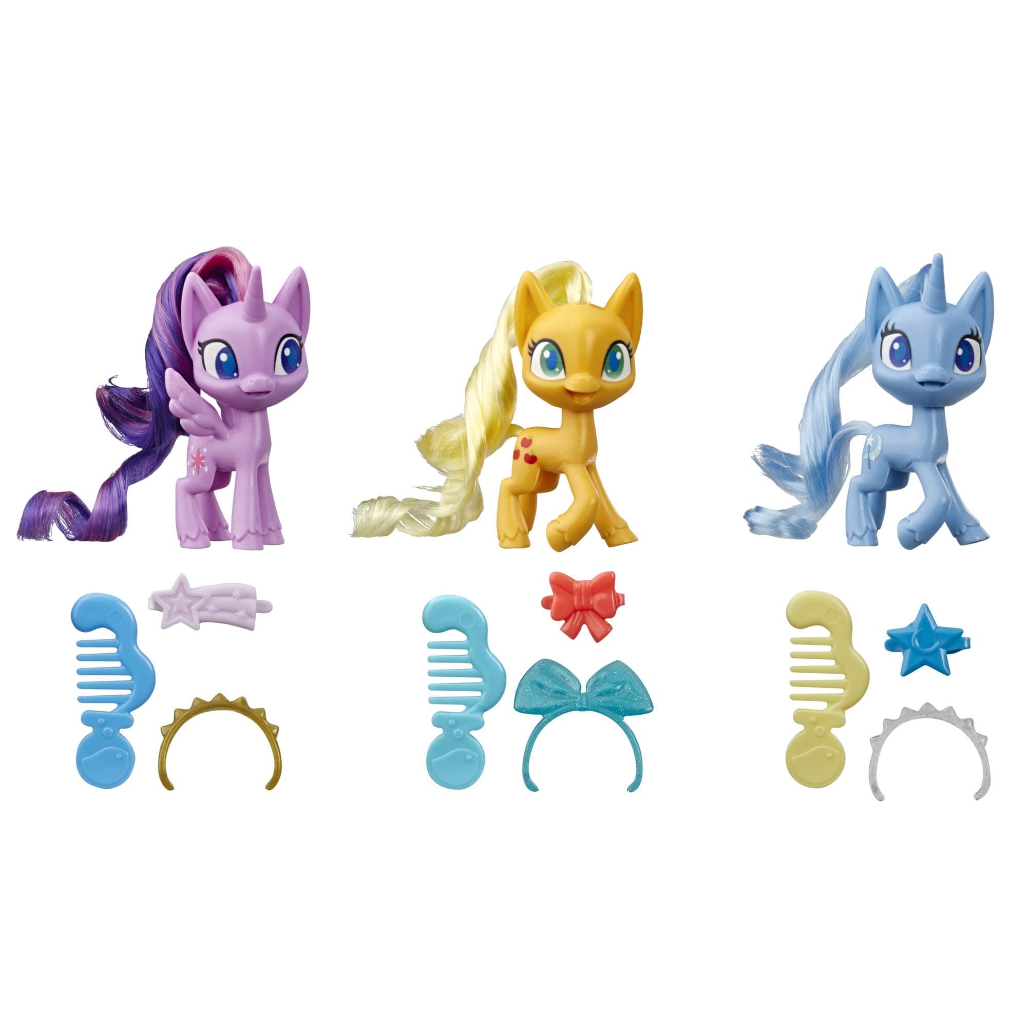 My Little Pony Potion Pony 3-Pack -- Twilight Sparkle, Applejack, and Trixie Lulamoon 3-Inch Pony Toys with Brushable Hair, 15 Accessories