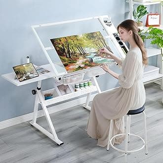 Drafting Table, 0-75° Tilting Glass Tabletop Drawing Table with Stool - Adjustable Height Art Desk with Multi-Storage for Sketching and Painting - Perfect for Artists and Hobbyists, White