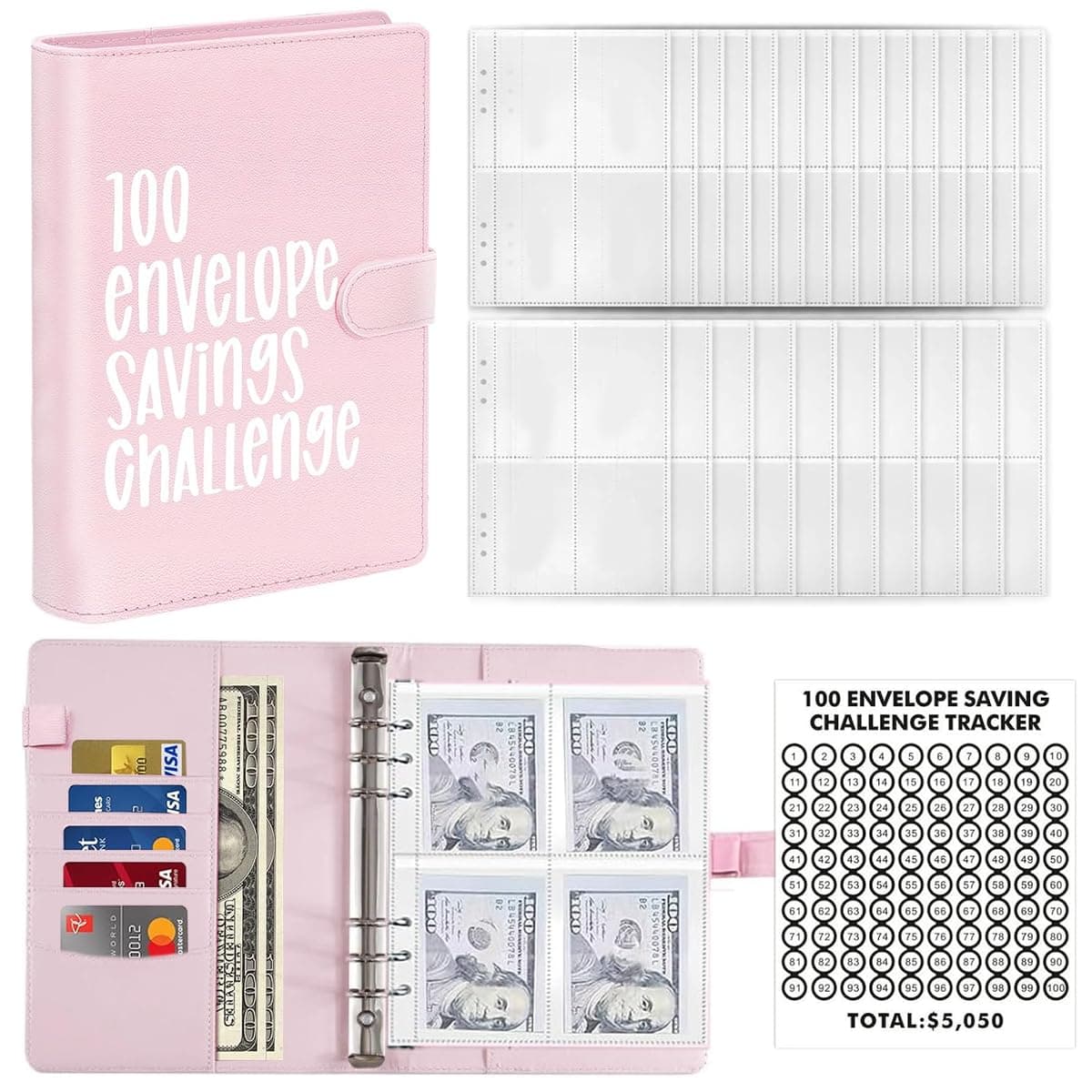 HASTHIP Money Saving Planner A5 Budget Binder with 100 Days Plan and Cash Envelopes, Pink