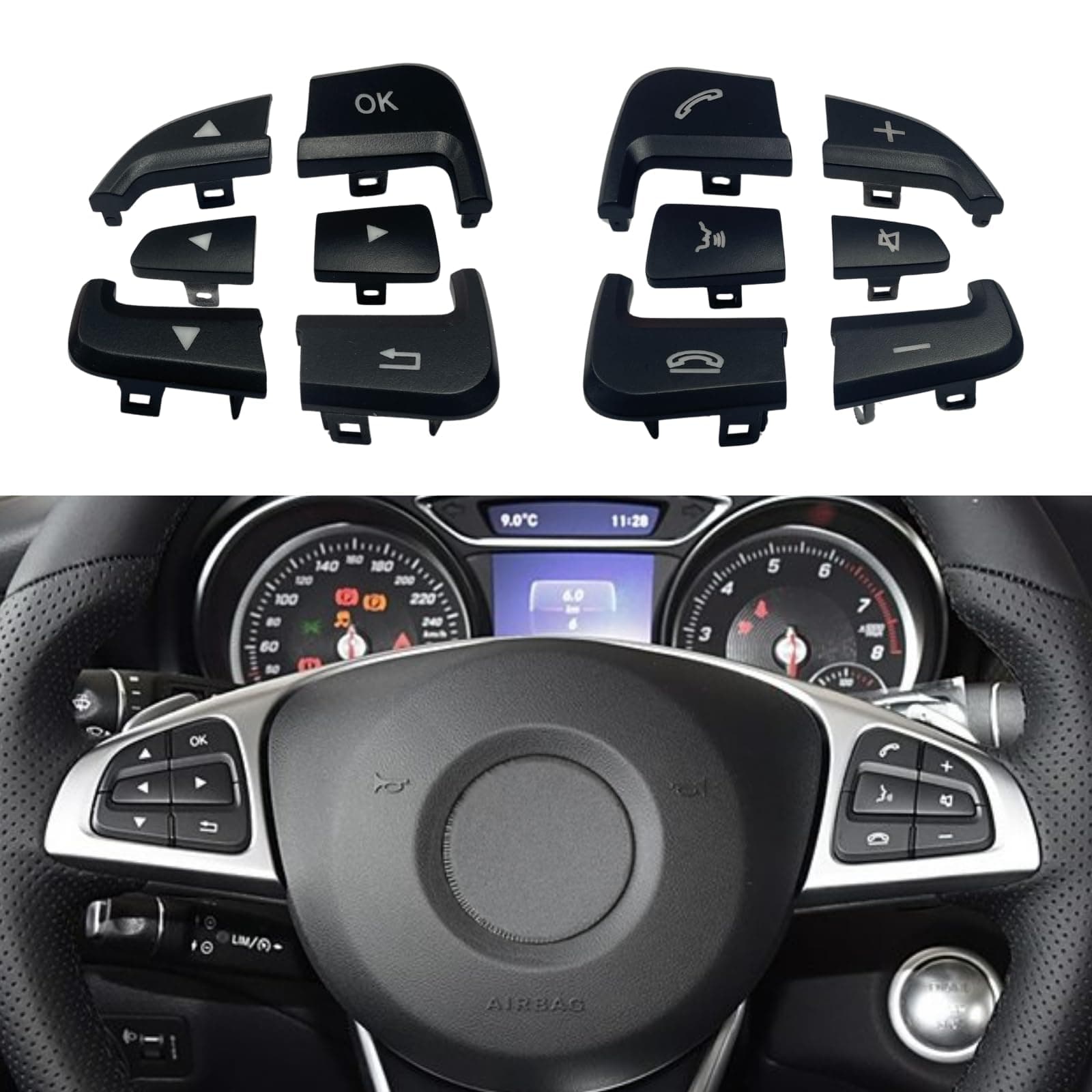 Car Steering Wheel Control Button Cover for Mercedes Benz A B GLA CLA GLS GLE CLS SL W172 W246 W218 W156 W292 W166 A0999050600 6pcs (Black, Right)