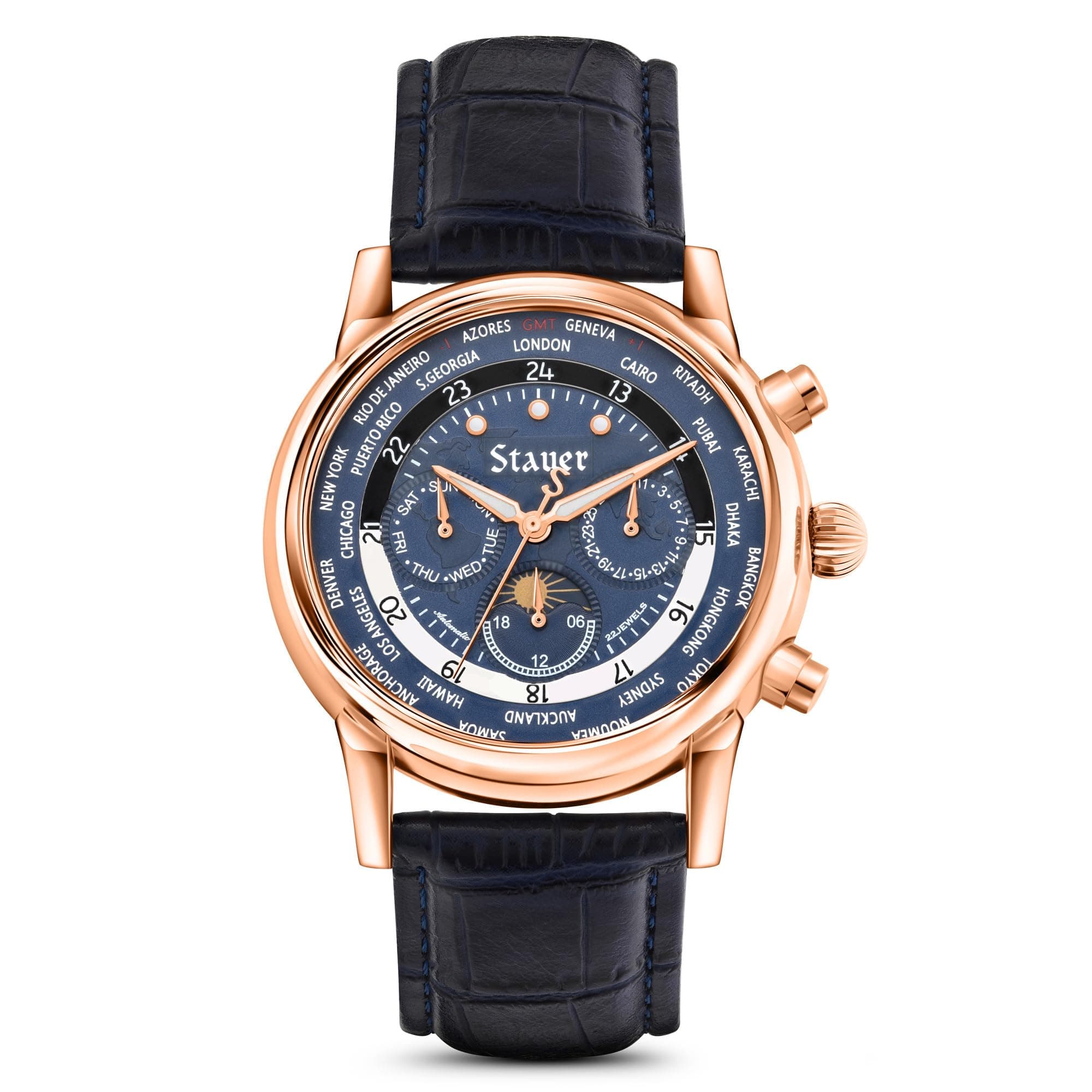 Stauer Globehopper Automatic Watch for Men – 46mm Rose Gold Finished Case, Blue Face with Sun & Moon Phase Dial, World Time Zones and Black Leather Strap, Rose Gold Case with Dark Blue Dial, Modern