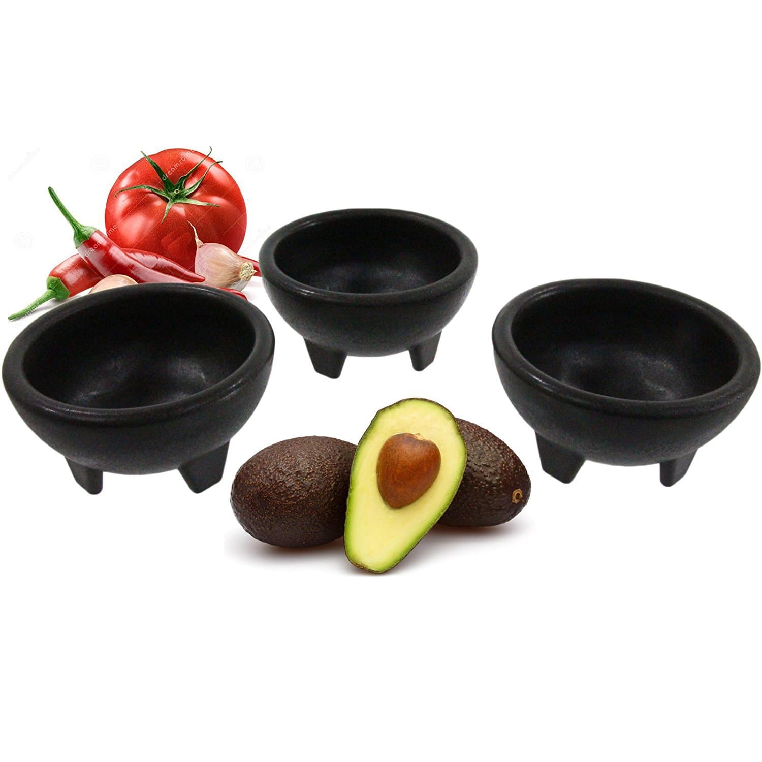 Black 3-Legged Plastic Molcajete Salsa Bowls for Homemade Dips, Party Foods, Picnic Condiments, Sauces & Toppings (2 Pack, 11 oz) by Enqargo