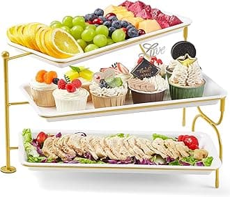 Lifewit 3 Tier Serving Tray, 14"×6.5" Plastic Server Platters, Reusable Food Trays with Metal Display Stand for Buffets, Cake, Snack, Veggie, Fruit, Cookies, Dessert, Dishes, Party Supplies, Gold
