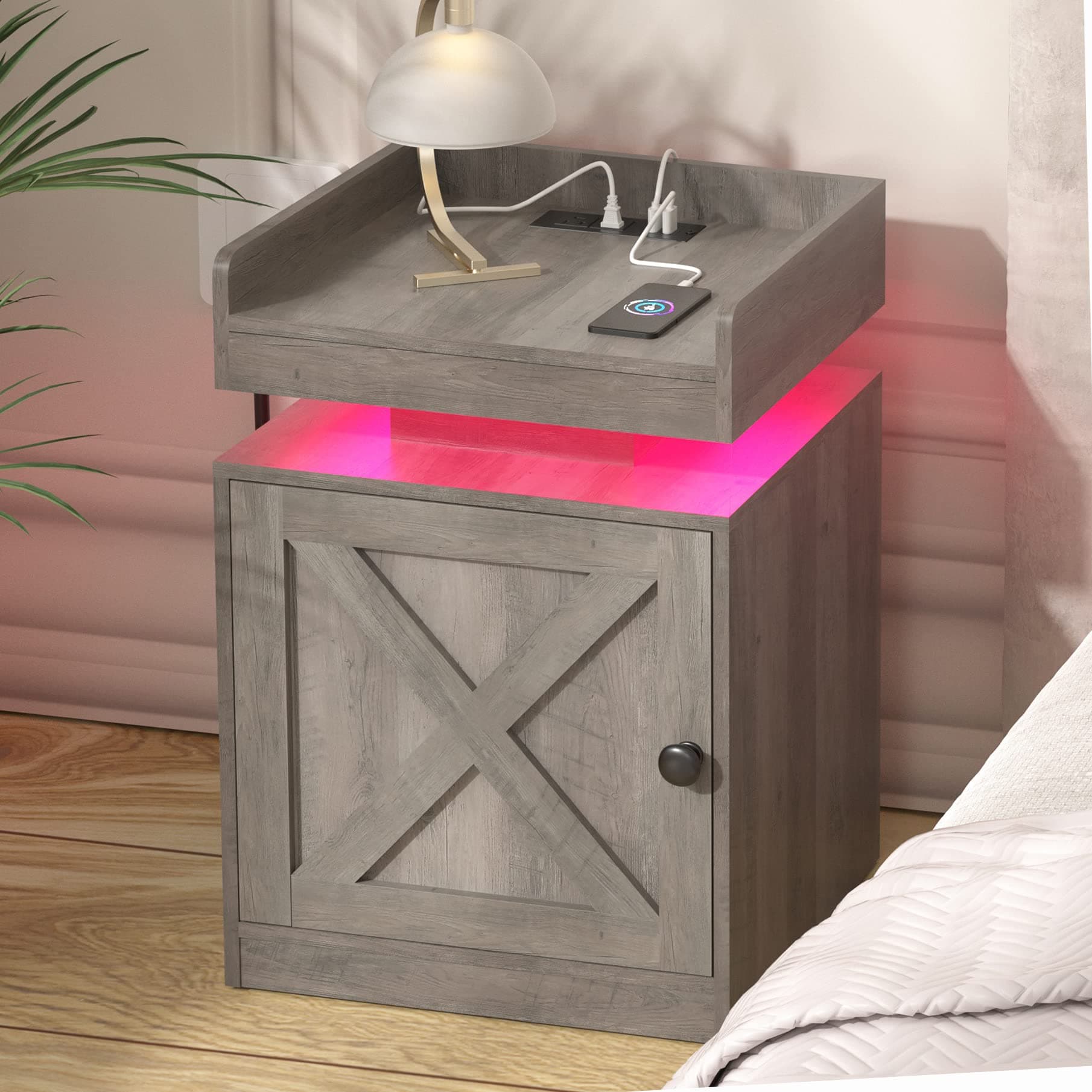 Nightstand with Charging Station and LED Lights, Bedside Table with Storage Cabinet for Bedroom Furniture Farmhouse LED Night Stand Side Bed Table Living Room End Table