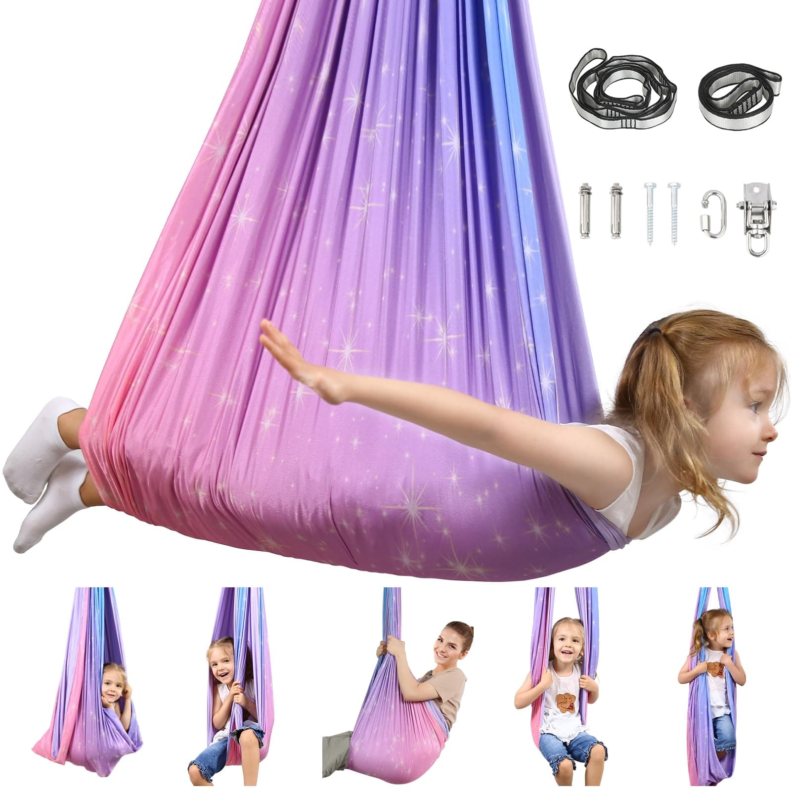 Sensory Swing for Kids & Adults, Double Layer Sensory Swing Holds up to 300lbs, Indoor and Outdoor Therapy Cuddle Swing with 360° Swivel Hardware for Autism, ADHD（Pink）
