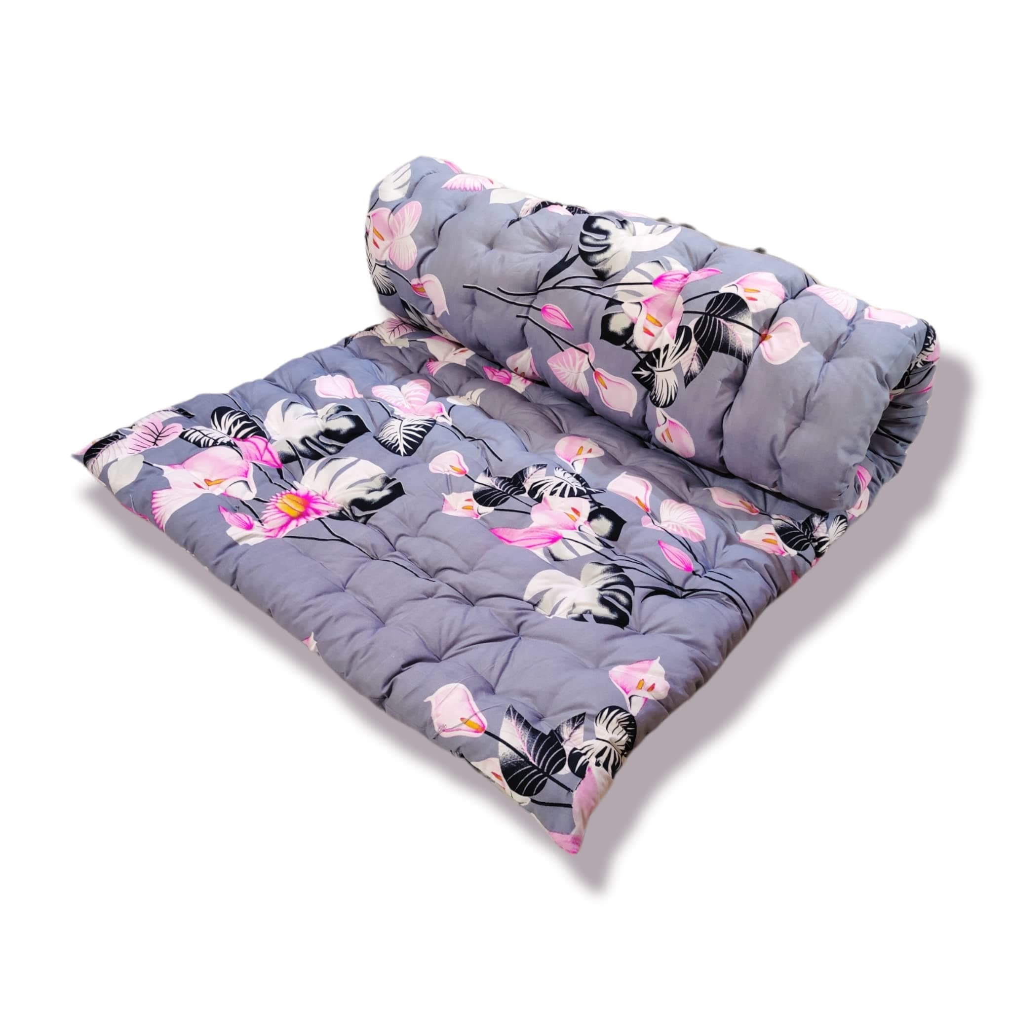 Soft Cotton Quilt Mattress Foldable Movable Picnic Light Weight Filled Single Firm Mattress| Gadda (3D Design Printed, 1 Sleeping Capacity, 3 x 6 ft or 72 x 36 Inches) (Grey Pink Floral)