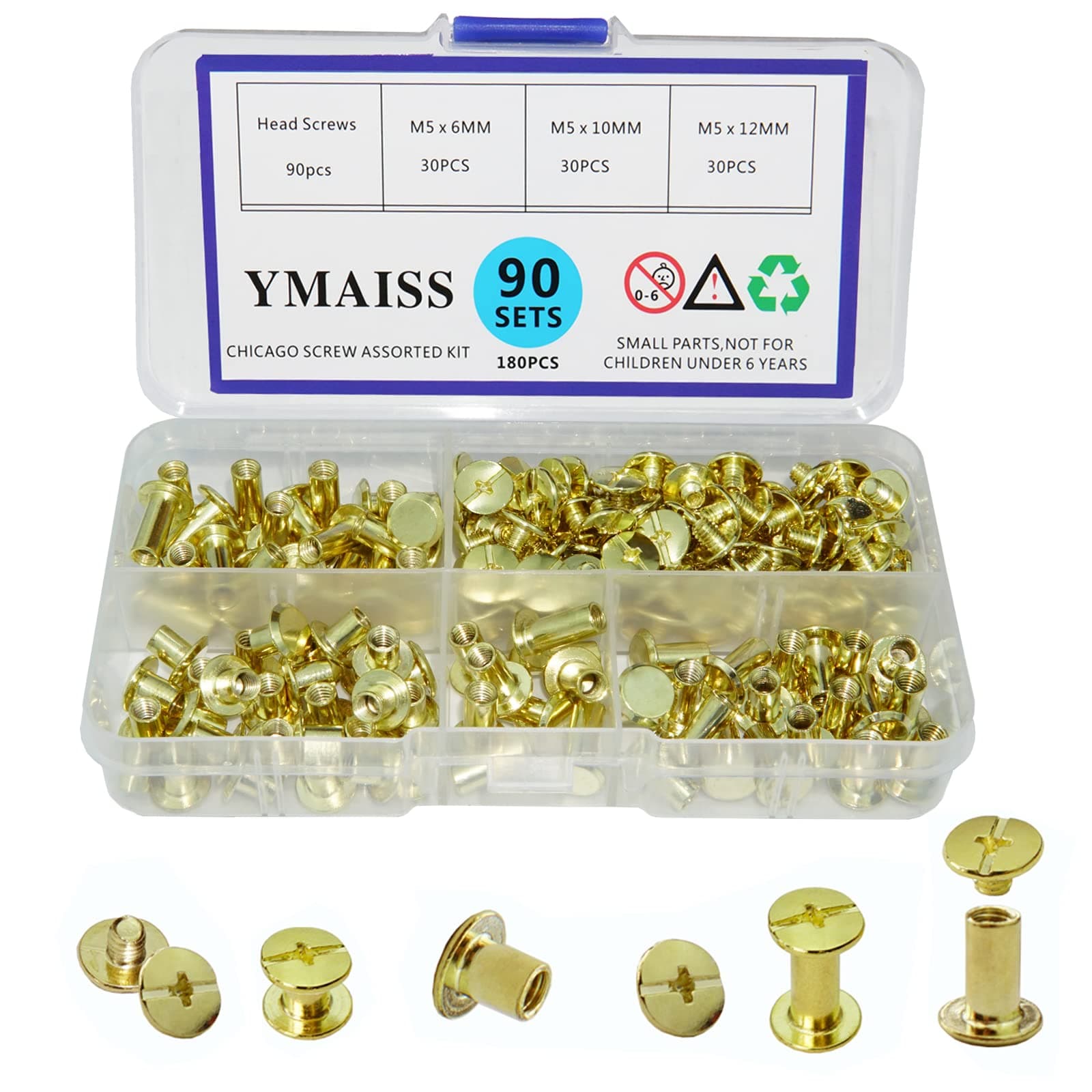YMAISS 90 Sets Chicago Screws 3 Size 1/4,3/8,1/2in Brass Plated Screw Posts Bookbinding Posts Binding Screw Chicago Button Post Rivets Screw Belt Screws Leather Photo Albums Screw Phillip Head,Gold
