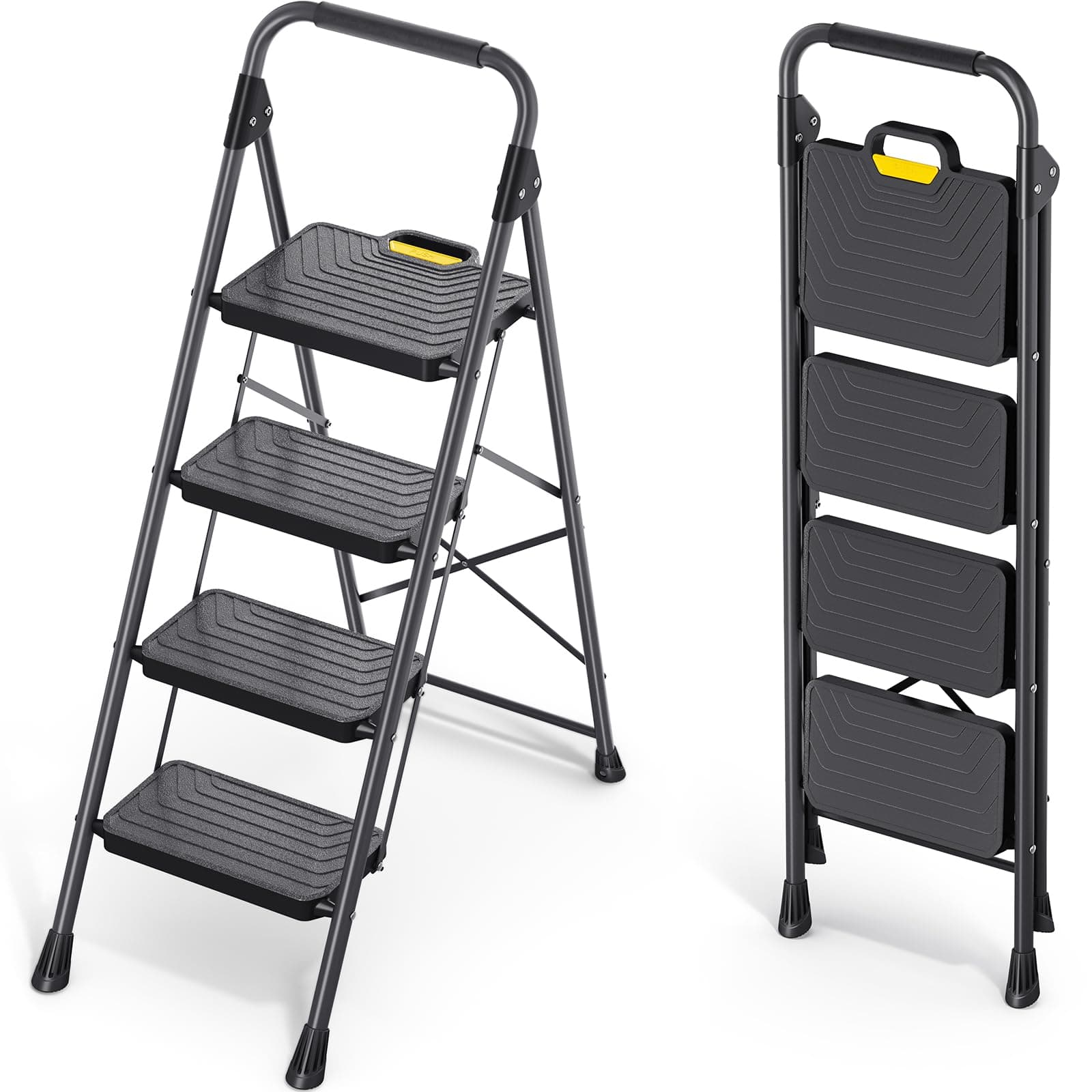 4 Step Ladder, Sturdy Steel Step Stool with Anti-Slip Wide Pedals, Handrail, Safe-Lock Design, Pass 800lbs Load Testing, Folding Portable Ladder for Multi-Purpose, Home, Kitchen, Black