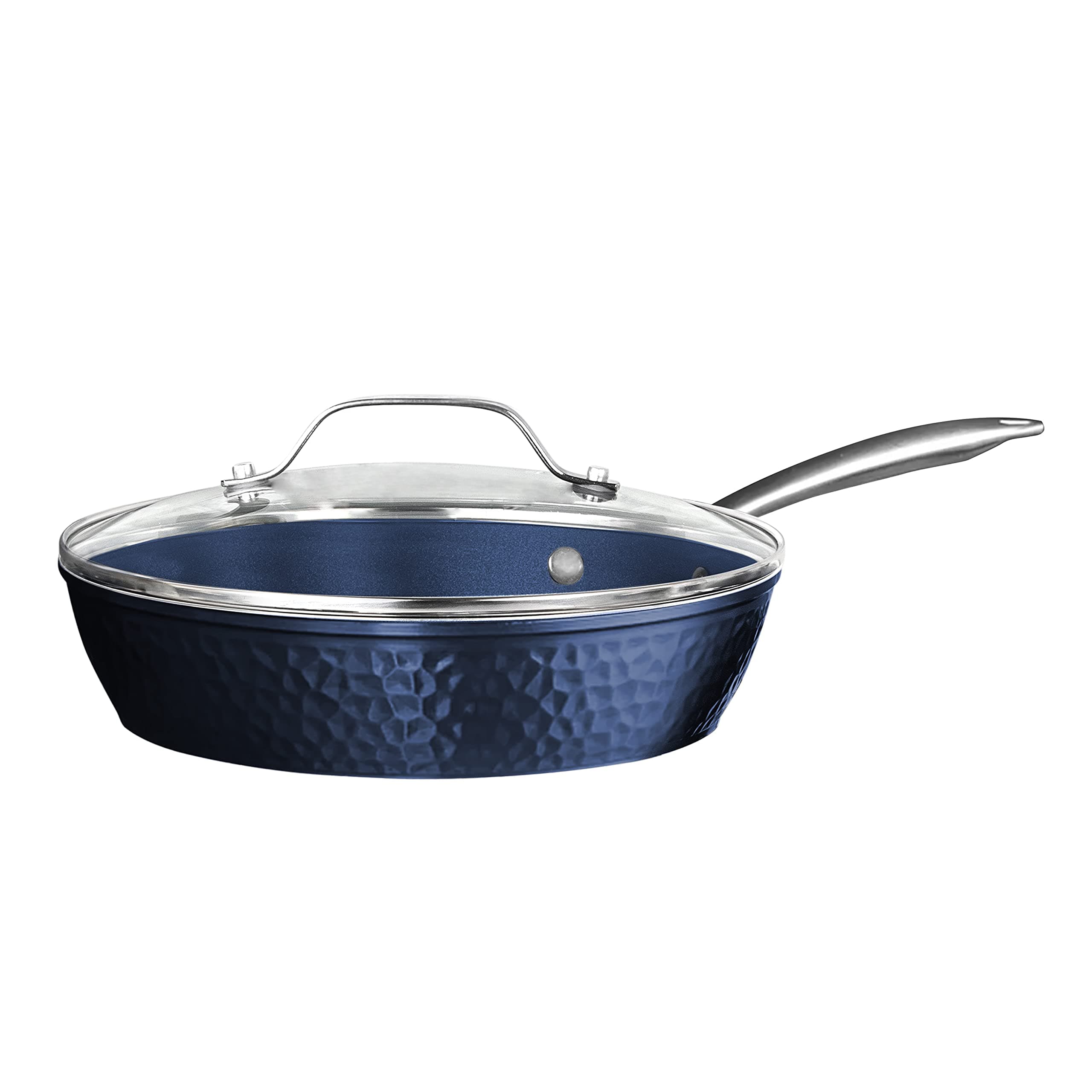 OrgreenicLuxurious Non-Stick Ceramic 12 Inch Blue Hammered Pan with Lid, Lightweight, Scratch-Resistant, Dishwasher Safe, Oven Safe up to 500°F