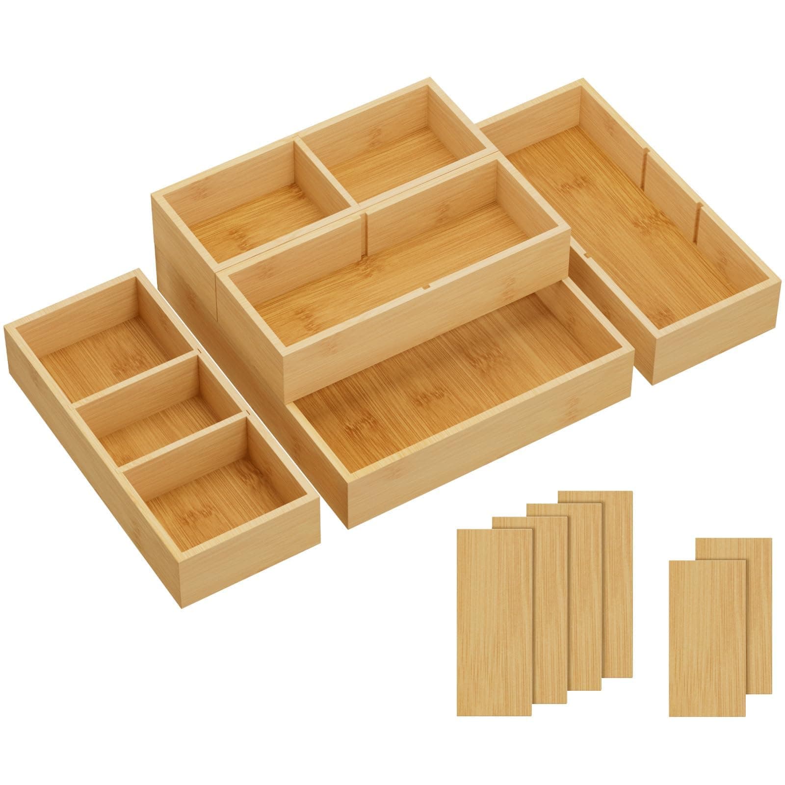 Drawer Organizers 5 Pack(11 Grid) with 6 Inserts, Adjustable Bamboo Wooden Drawer Dividers, Stackable Storage Box for Utensils, Silverware, Makeup, Junk in Kitchen/Bathroom/Office/Vanity
