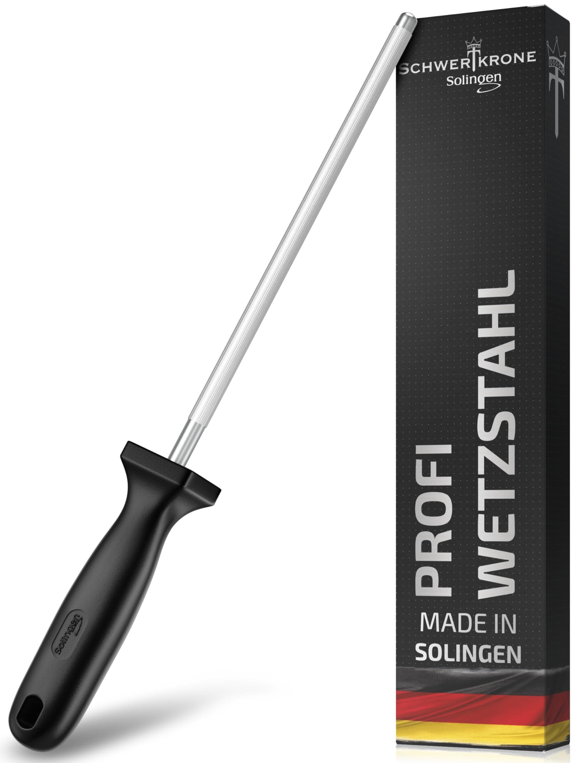 Sharpening steel from Solingen, 34 cm, sharpening steel for Wetzstab knife, chrome vanadium stainless steel, knife sharpener, black