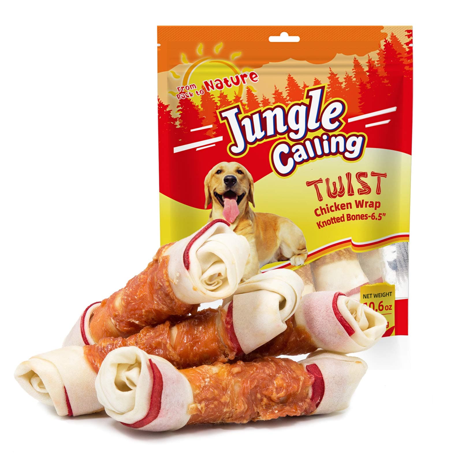 Jungle Calling Chicken Wrap Knotted Bones Dog Chews, Long Lasting Beefhide Treats Real Rawhide Bones for Large Dogs Edible Training Treats