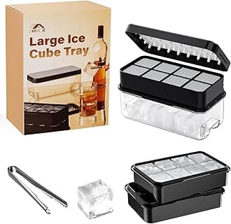PHINOX Large Ice Cube Tray with Lid and Bin, Ice Trays for Freezer, 2 INCH Whiskey Ice Cubes Mold, 2*8 pcs Square Ice Cube Mold with Tong, Easy to Release, Large Ice Tray for Whiskey Cocktail Bourbon