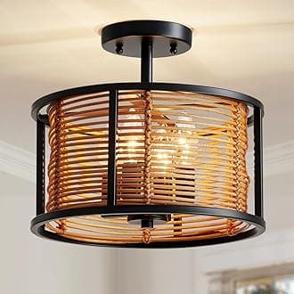Saint Mossi 4 Light Chandeliers, Modern Semi Flush Mount Ceiling Light Fixture, Drum Chandeliers for Dining Room, E12 Sockets, D11'' x H10'', Rattan Lampshade & Black Finish Metal Frame