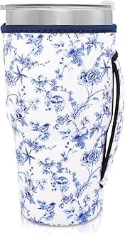 Reusable Iced Coffee Cup Sleeve Neoprene Insulated Sleeves Cup Holder with handle Idea for 30oz - 32oz Tumbler Cups, protein shake bottles(Only Cup Sleeves), Abstract Floral China