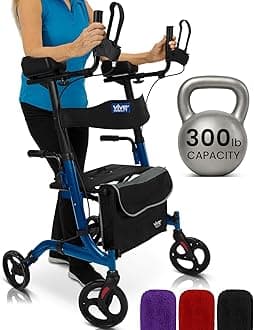 - Vive Mobility Upright Walker with Seat, for Seniors, Women - Stand Up Rollator, Arm Rests, Heavy Duty, Folding Medical Aid Scooter for Elderly, Seniors - Walking Foldable Assist (Blue, Black Bag)