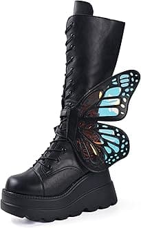 Gothniero High Platform Knee Boots Chunky Heel Wedge Black Boots For Women Combat Goth Punk Motorcycle Booties Zip up With Metal Buckles Size5-11