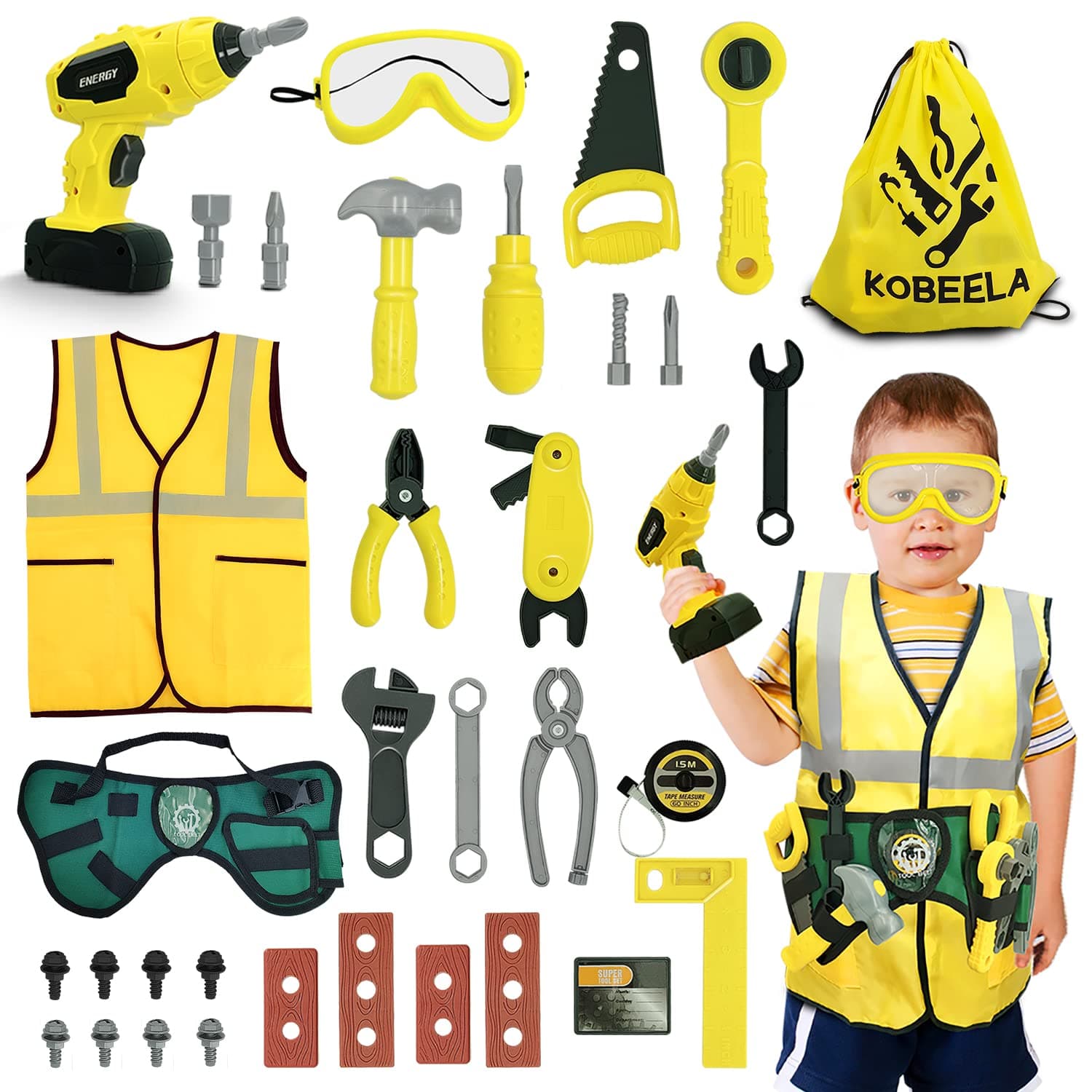 Kids Builder Costume Toy Tool Set, 44 Pcs Childrens Tool Kit with Construction Worker Outfit, Toy Tool Belt, Toddler Role Play Tools Toys Gifts for 3 4 5 6 Year Old Boys Girls